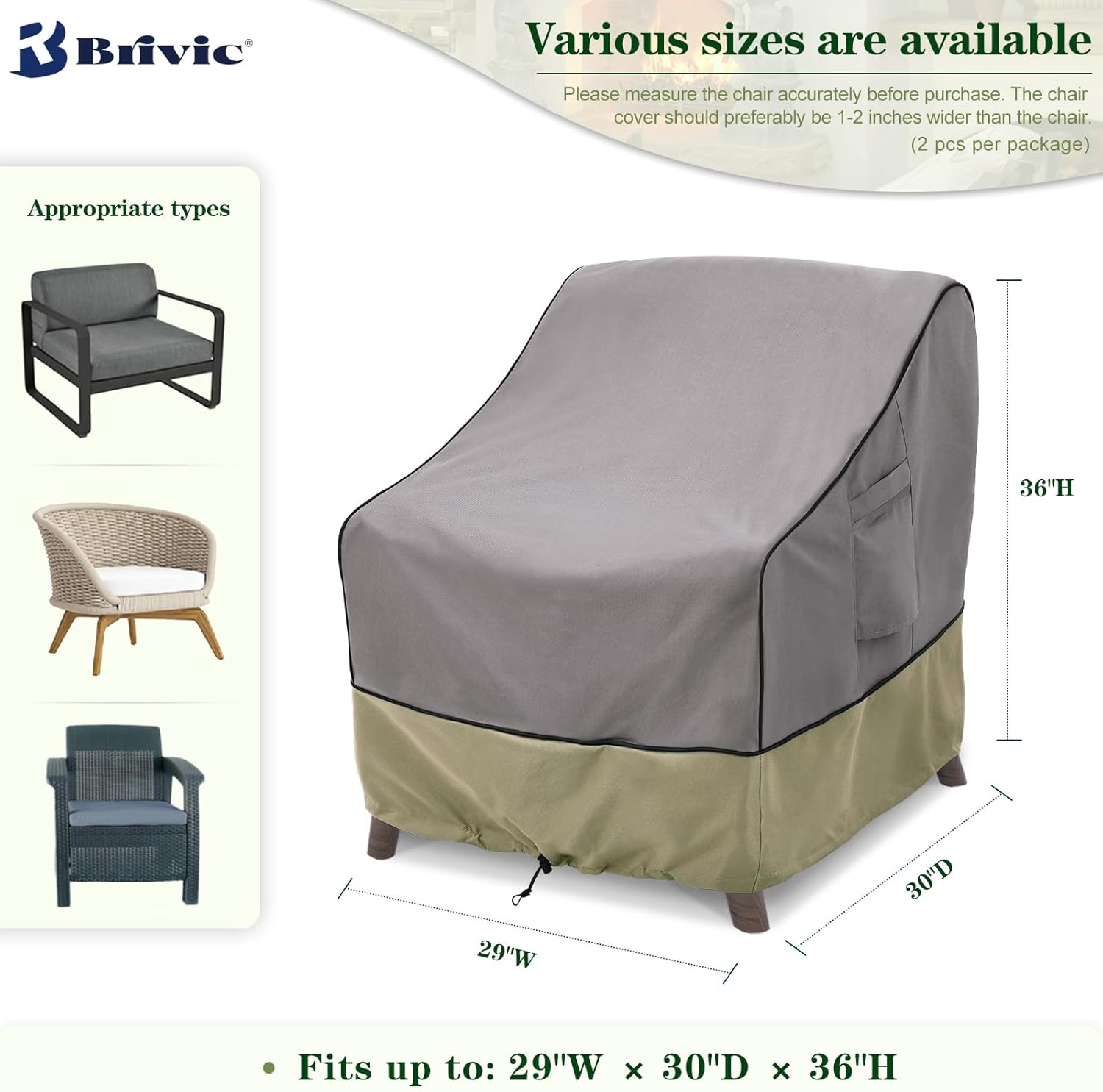 BRIVIC Fundas impermeables para muebles de patio, fundas para sillas de césped al aire libre, se adaptan a hasta 29 pulgadas de ancho x 30 pulgadas