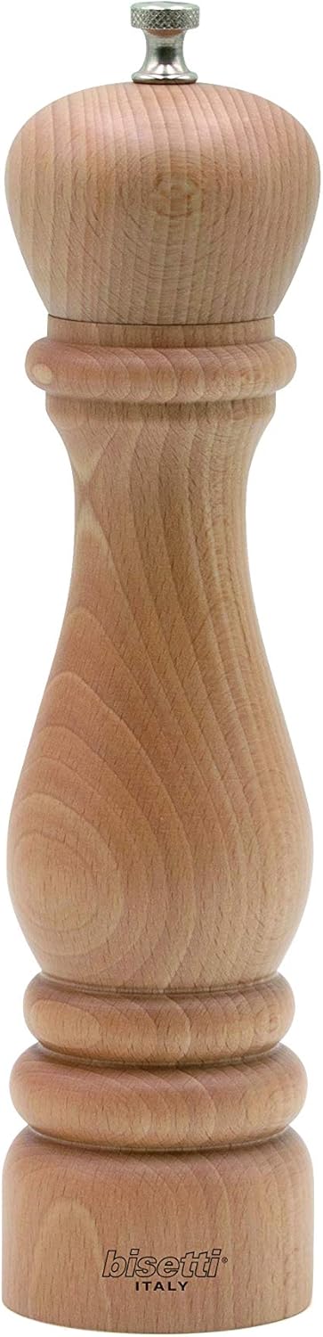 Bisetti Roma Molino de sal de madera de haya de 9.5 pulgadas con amoladora ajustable, acabado natural