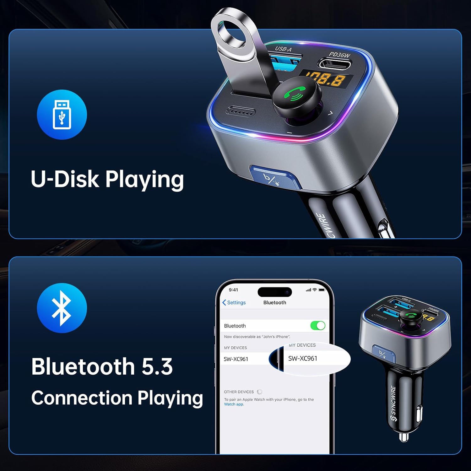Syncwire Bluetooth 5.3 Transmisor FM Adaptador de coche 48W (PD 36W y 12W) Interruptor de luz Bajo Profundo HiFi Carga Rápida Adaptador de Música de
