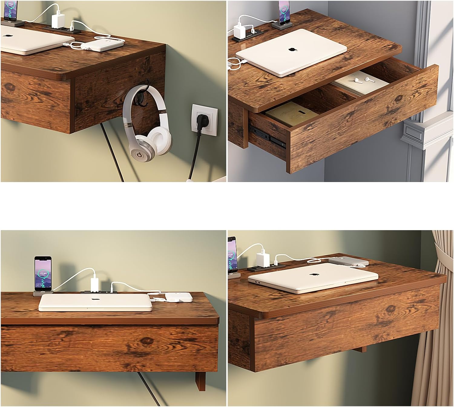 MIN WIN Escritorio de pared flotante para computadora con tomas de corriente y puertos USB, escritorio pequeño de pared para computadora portátil