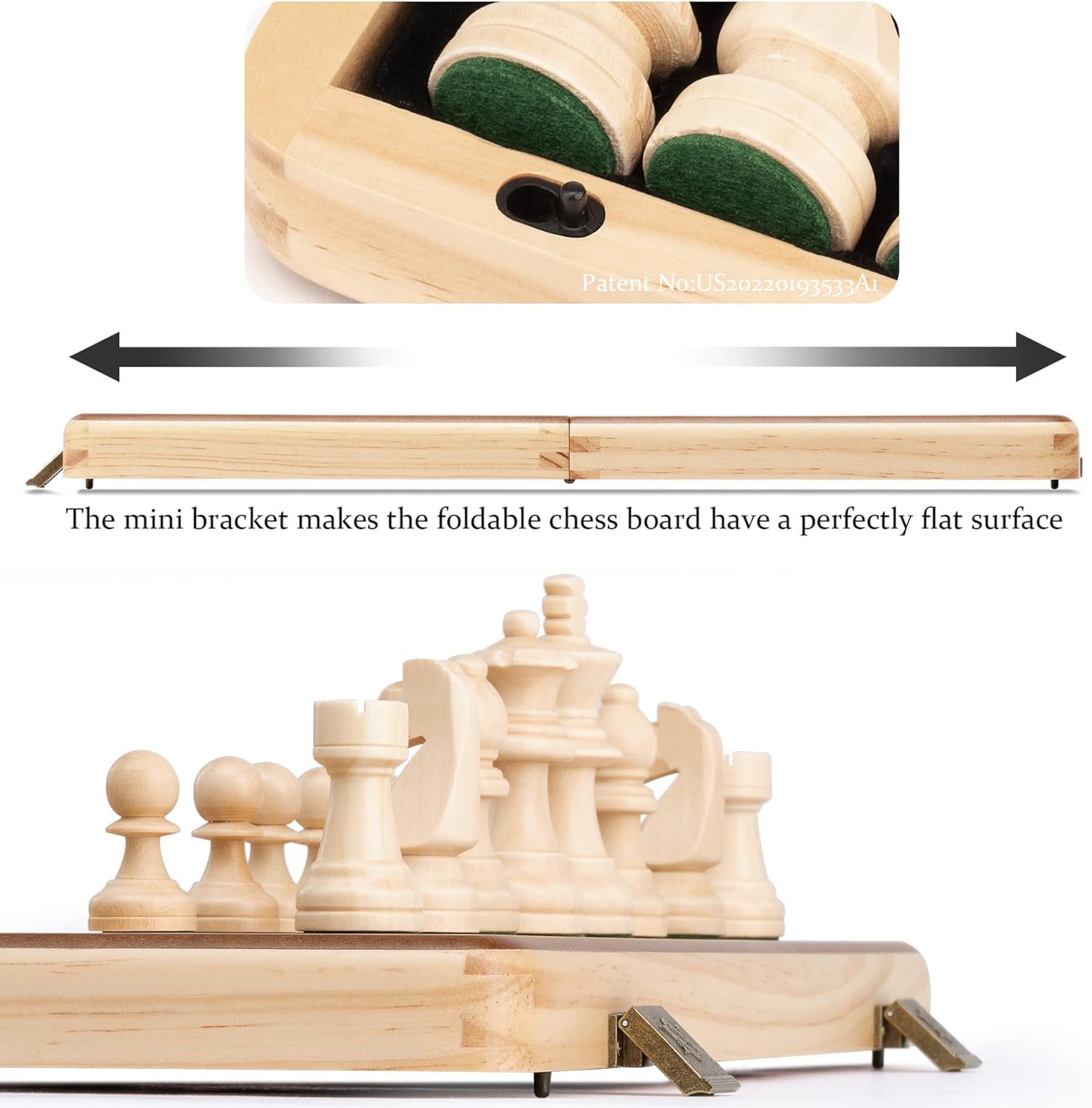 A&A Juego de ajedrez y damas plegables de madera de 15 pulgadas con piezas de ajedrez Staunton de altura King de 3 pulgadas, 2 reinas adicionales,