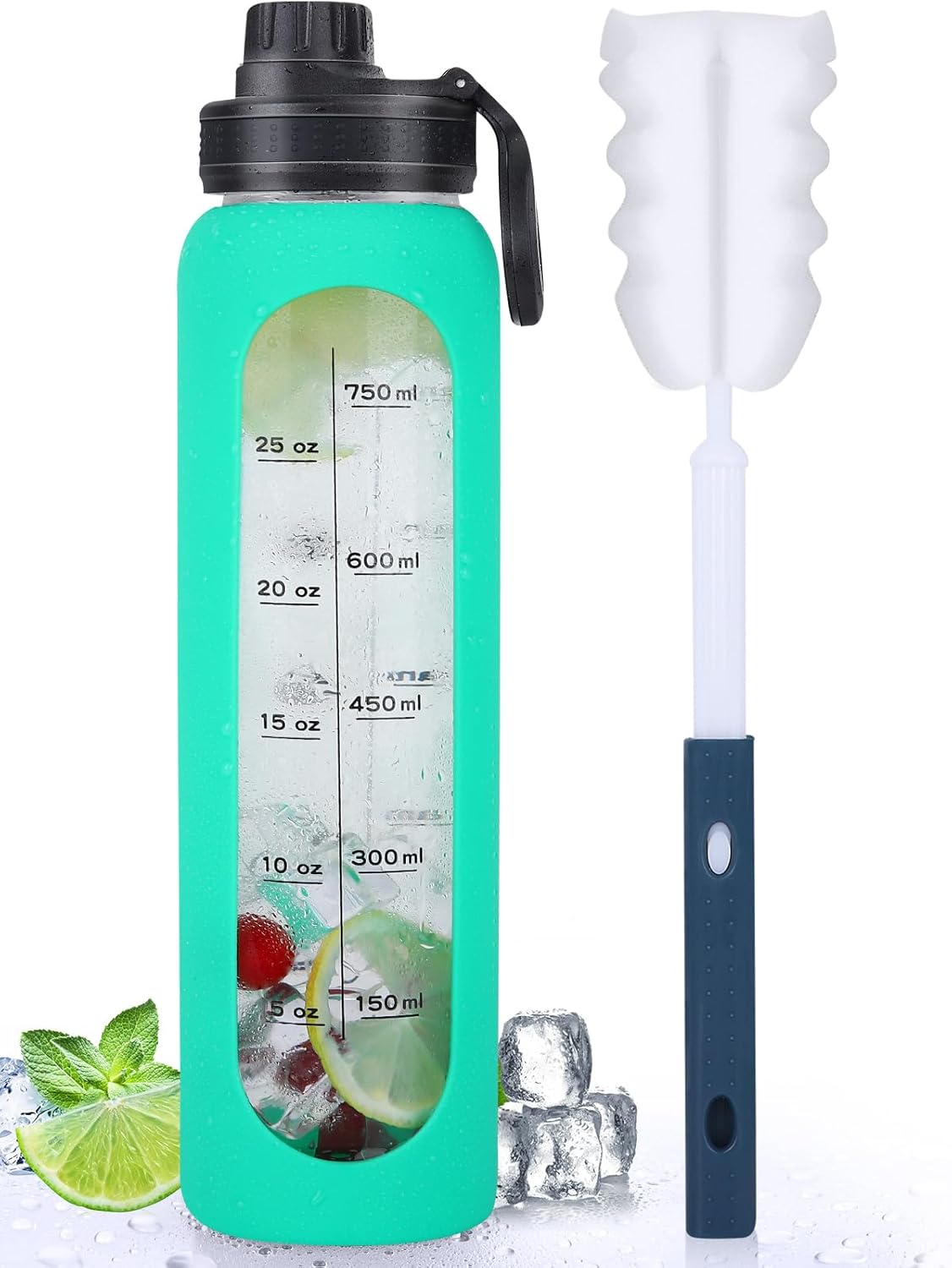 Botellas de agua de vidrio de 32 onzas con funda de silicona, botellas de hidratación para beber, reutilizables, sin BPA, borosilicato, boca ancha,