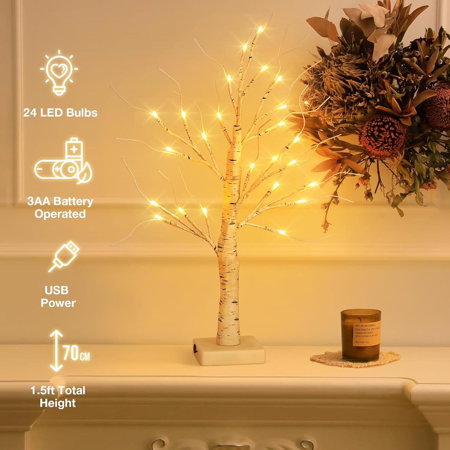 Árbol de abedul iluminado de 22.8 pulgadas para decoración de Navidad, árbol de Navidad artificial con 24 luces LED, lámpara de árbol de mesa con