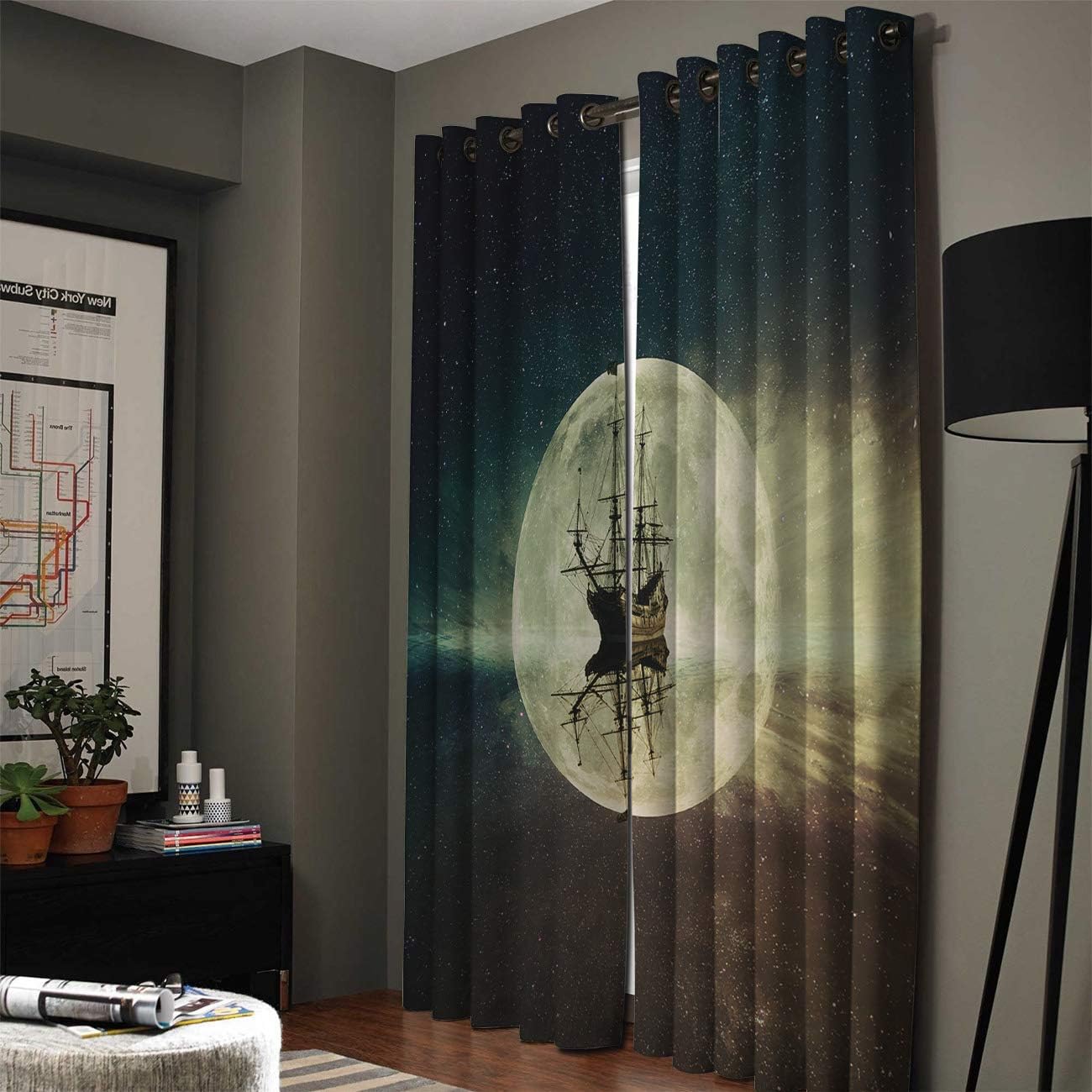 Blackout Curtains Thermal Insulated Ghost Boat in The Space Starry Sky Solid Pattern Metal Grommet Elegant Room Drapes Window Curtain for Bedroom