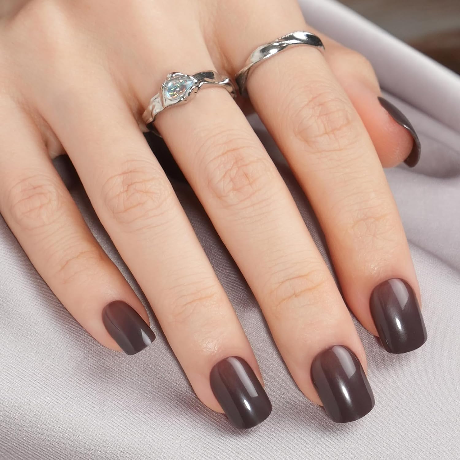 Jofay Fashion – Uñas postizas cuadradas de color marrón café a presión, uñas postizas de color sólido con pegamento, uñas postizas acrílicas cómodas