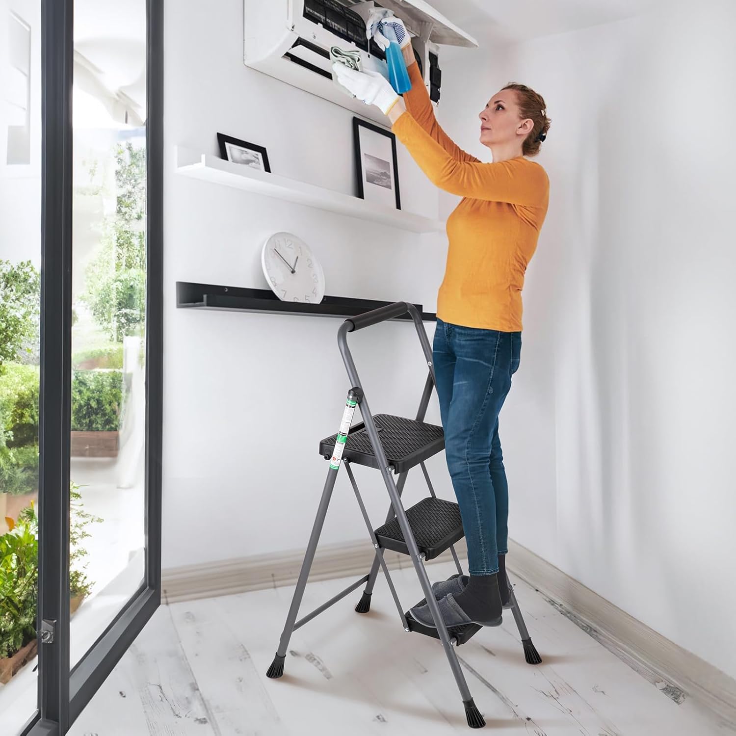 Escalera de 3 escalones, taburete plegable para adultos con asa, escalera de acero ligera y resistente con pedal antideslizante ancho, perfecto para