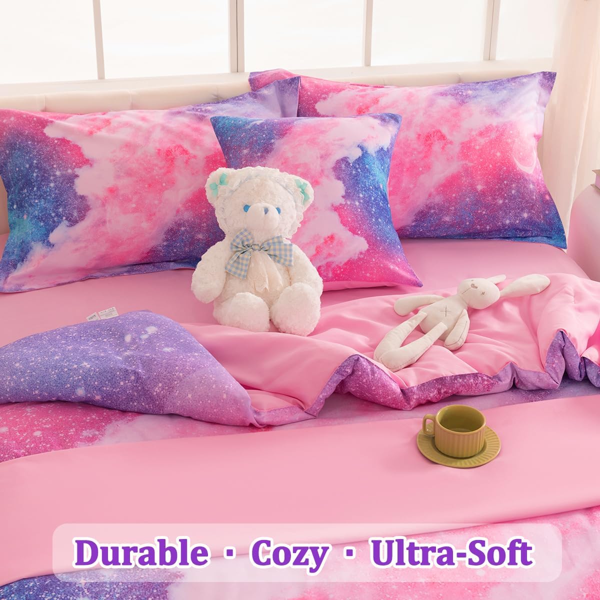 Galaxy – Juego de ropa de cama individual para niñas, juego de edredón de 6 piezas con sábanas, juego de ropa de cama con purpurina rosa y morado