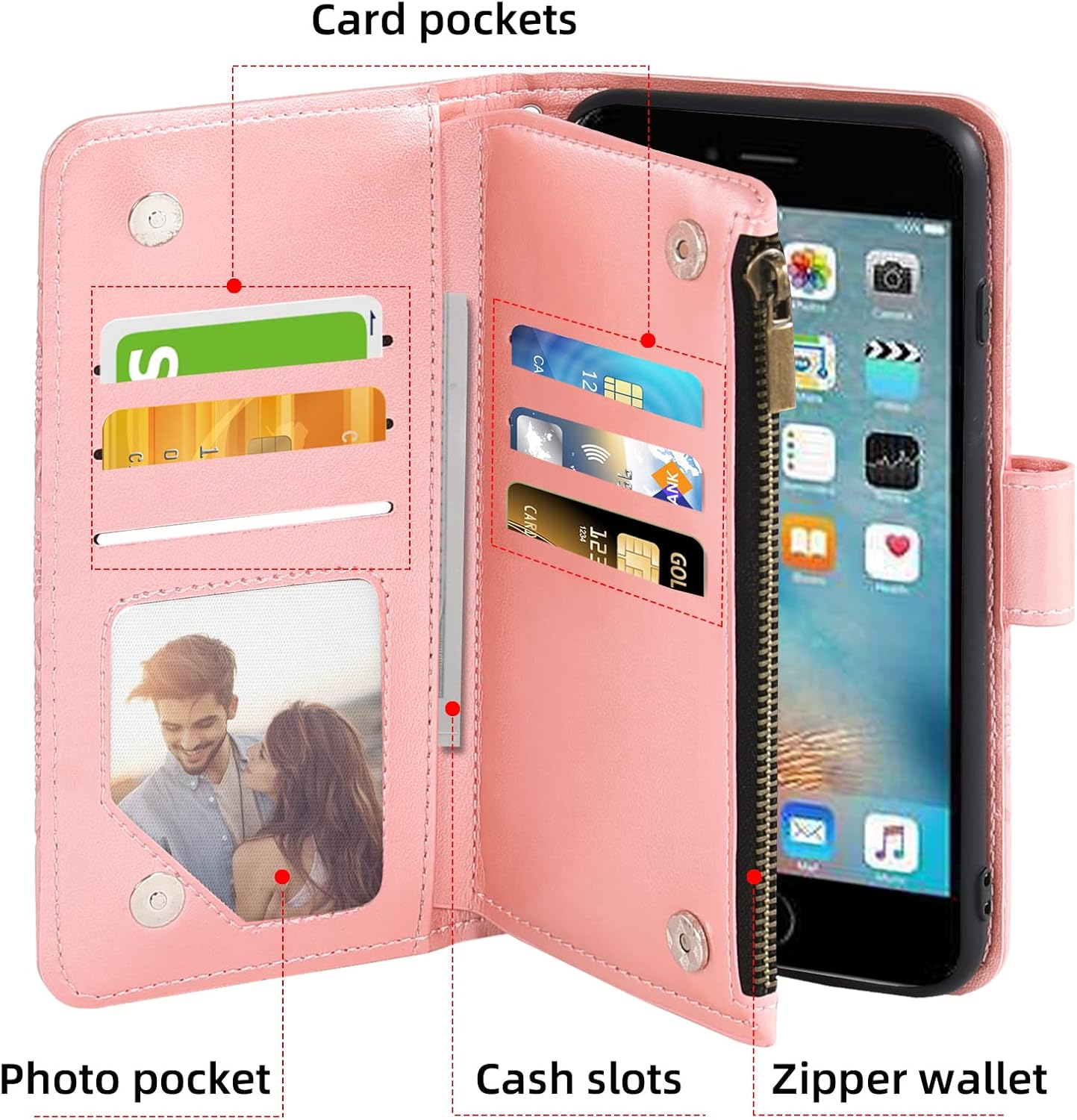 Asuwish Compatible con iPhone 6plus 6splus 66s Plus Funda tipo cartera y protector de pantalla de vidrio templado con tapa para iPhone 6 6+ iPhone6s