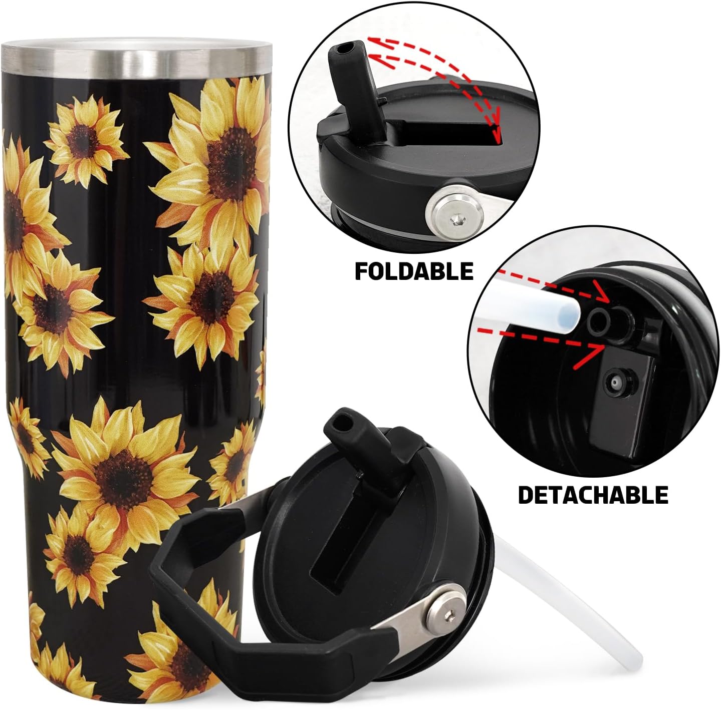 Vaso de girasol negro, regalos de girasol para mujeres, taza de café con girasol aislada de 30 onzas, taza, botella de agua, vasos para beber,