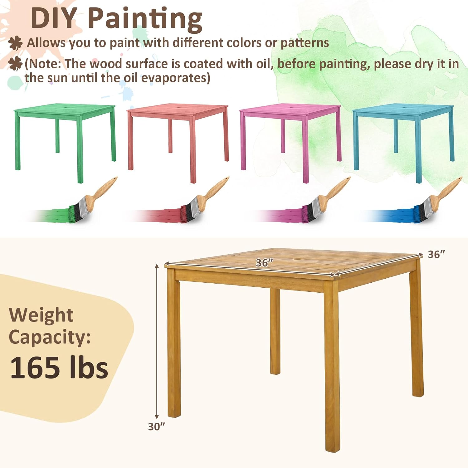 Tangkula Mesa de comedor cuadrada para exteriores, mesa de comedor de madera de acacia para 4 personas con agujero para sombrilla de 1.9 pulgadas,