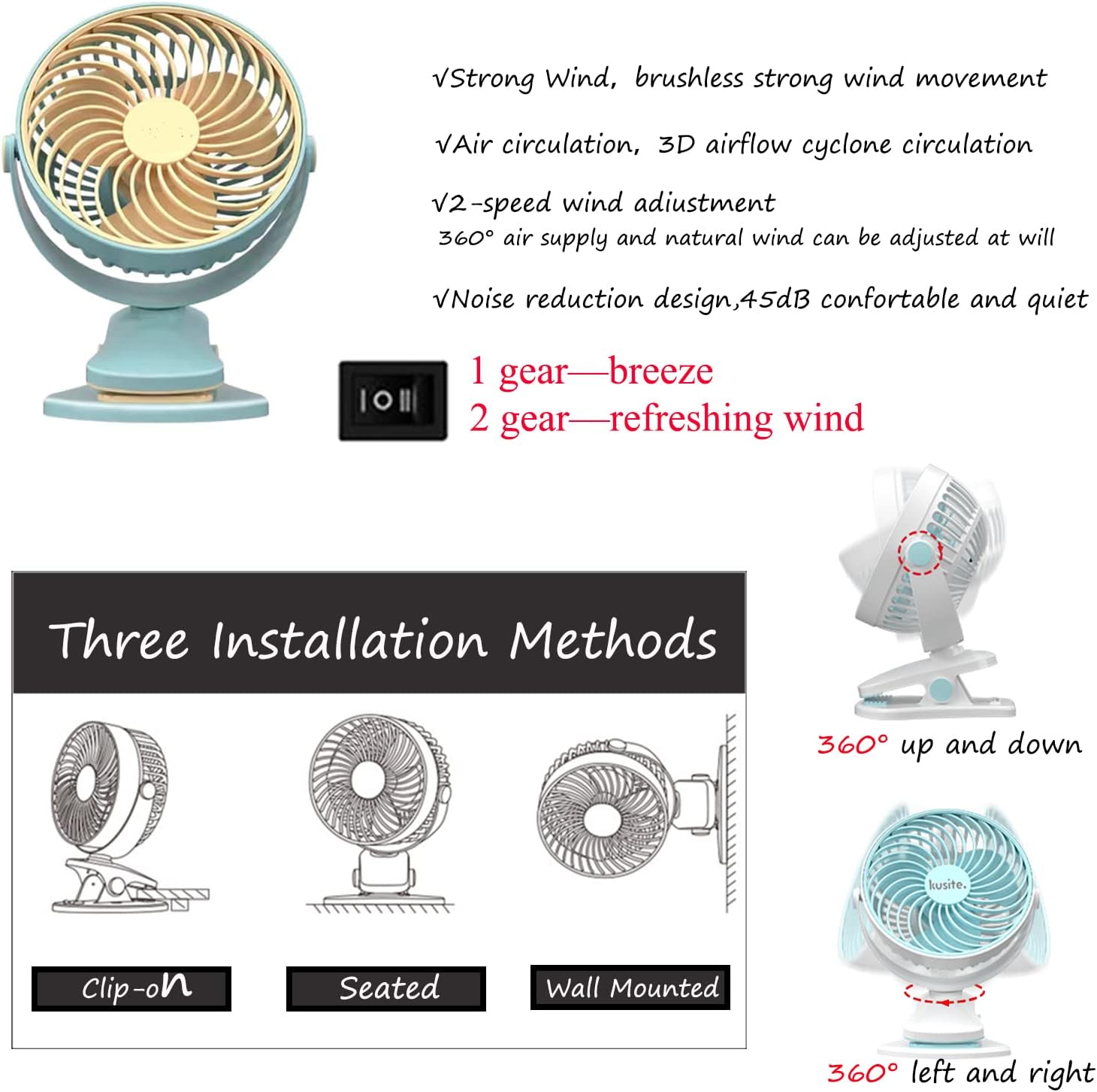 Kiven Ventilador de clip con control remoto, ventilador pequeño ajustable de 5.7 pulgadas con fuerte flujo de aire, clip y ventilador de escritorio