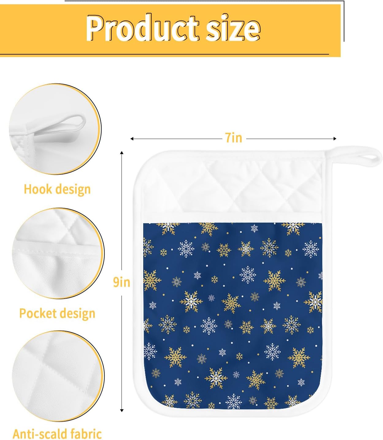 Juego de 4 agarraderas de tela de toalla con diseño de copo de nieve de color dorado marino para cocina, antideslizantes y aislantes de calor, con