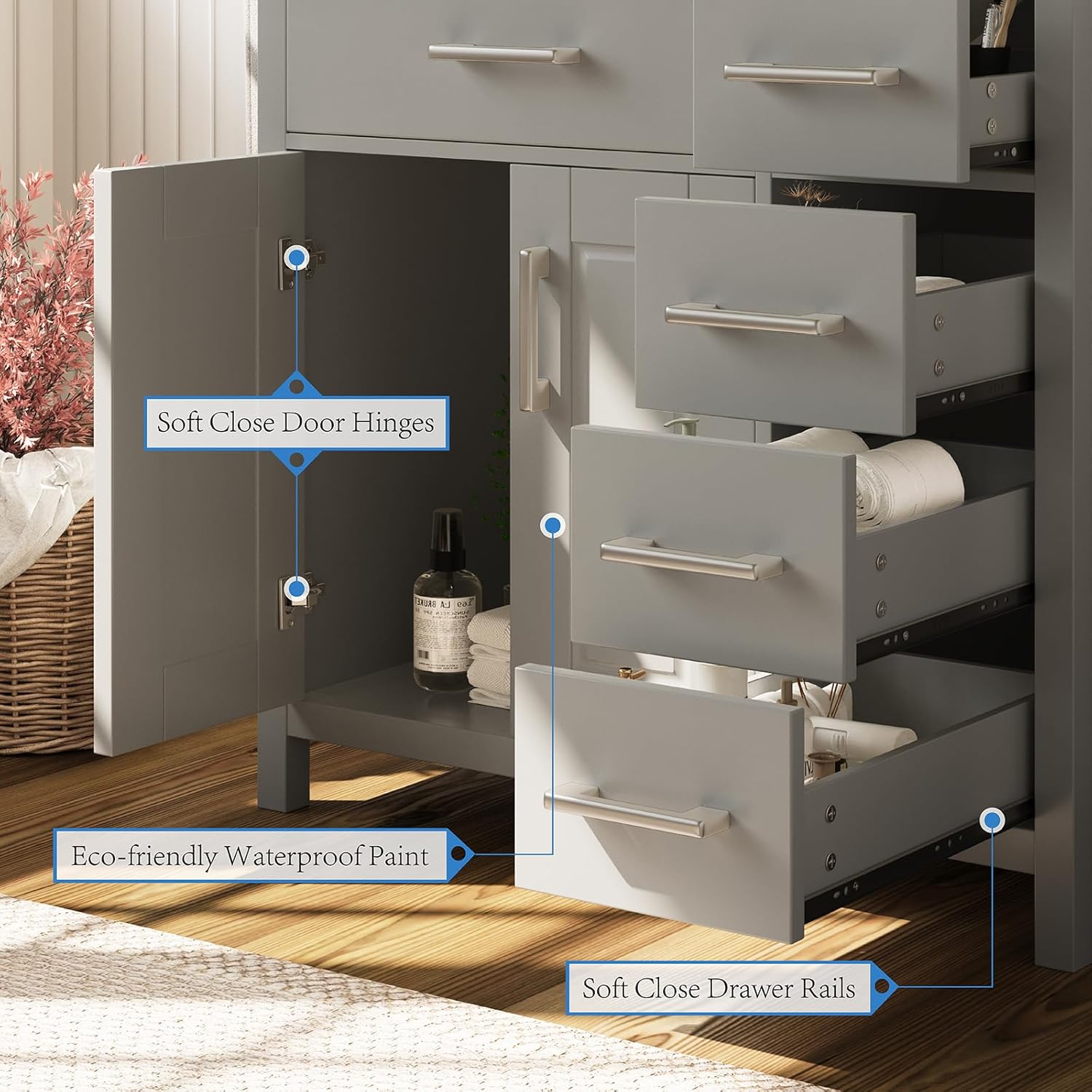 Combinación de tocador de baño de 36 pulgadas con lavabo, moderno juego de gabinete de baño individual pequeño con montaje inferior, incluye