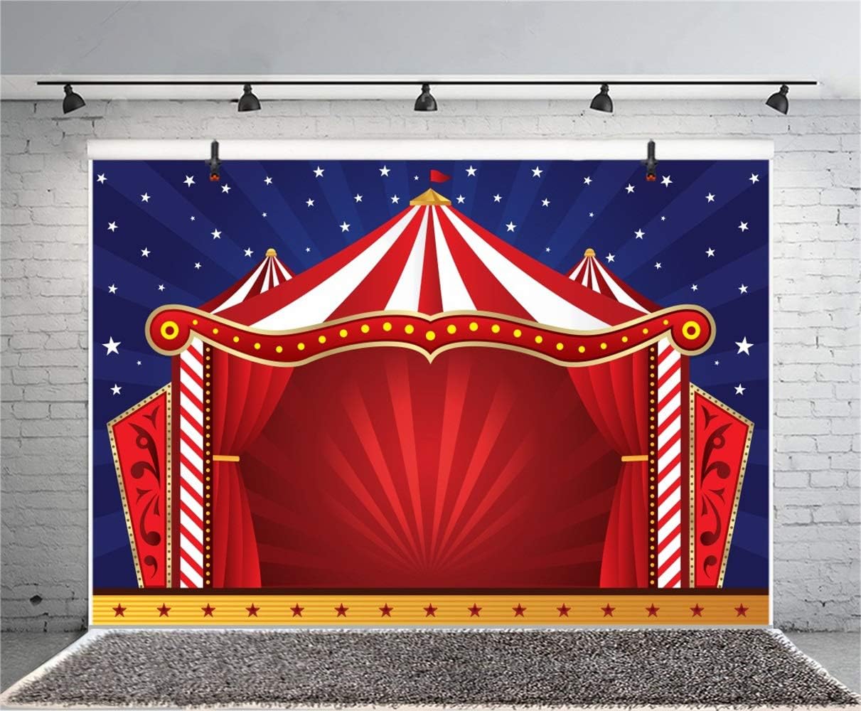 Laeacco Telón de fondo rojo para tienda de campaña de circo de dibujos animados, rayas rojas y blancas, cortina roja de circo, 5 x 3 pies, fondo de
