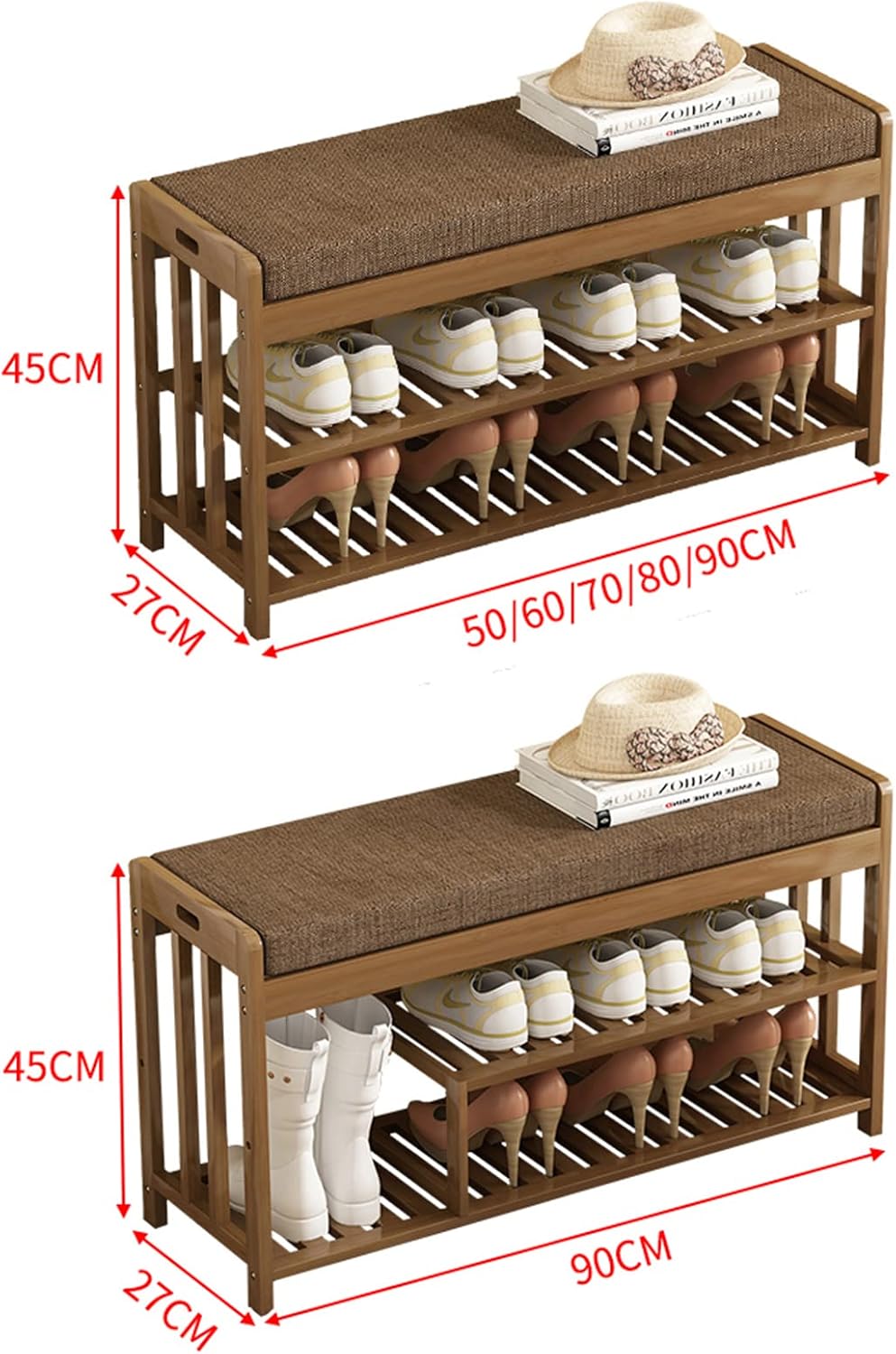 ZZenSmot Moderno bambú con cojín tapizado, zapatero para almacenamiento de zapatos, taburete para sala de estar, dormitorio, entrada, pasillo,