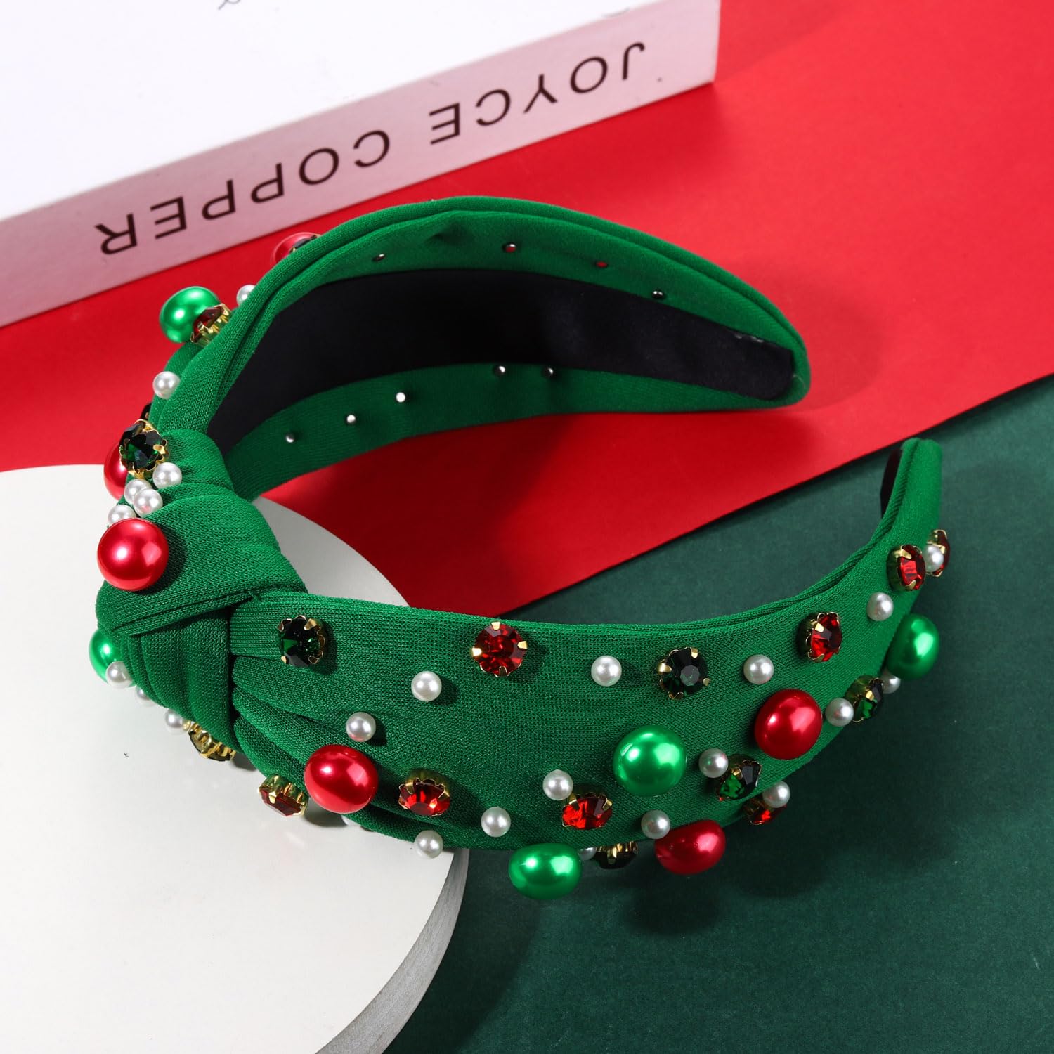 Diadema anudada con perlas de Navidad para mujer, color rojo y verde, perla con diamantes de imitación, diadema elegante de nudo ancho, accesorios