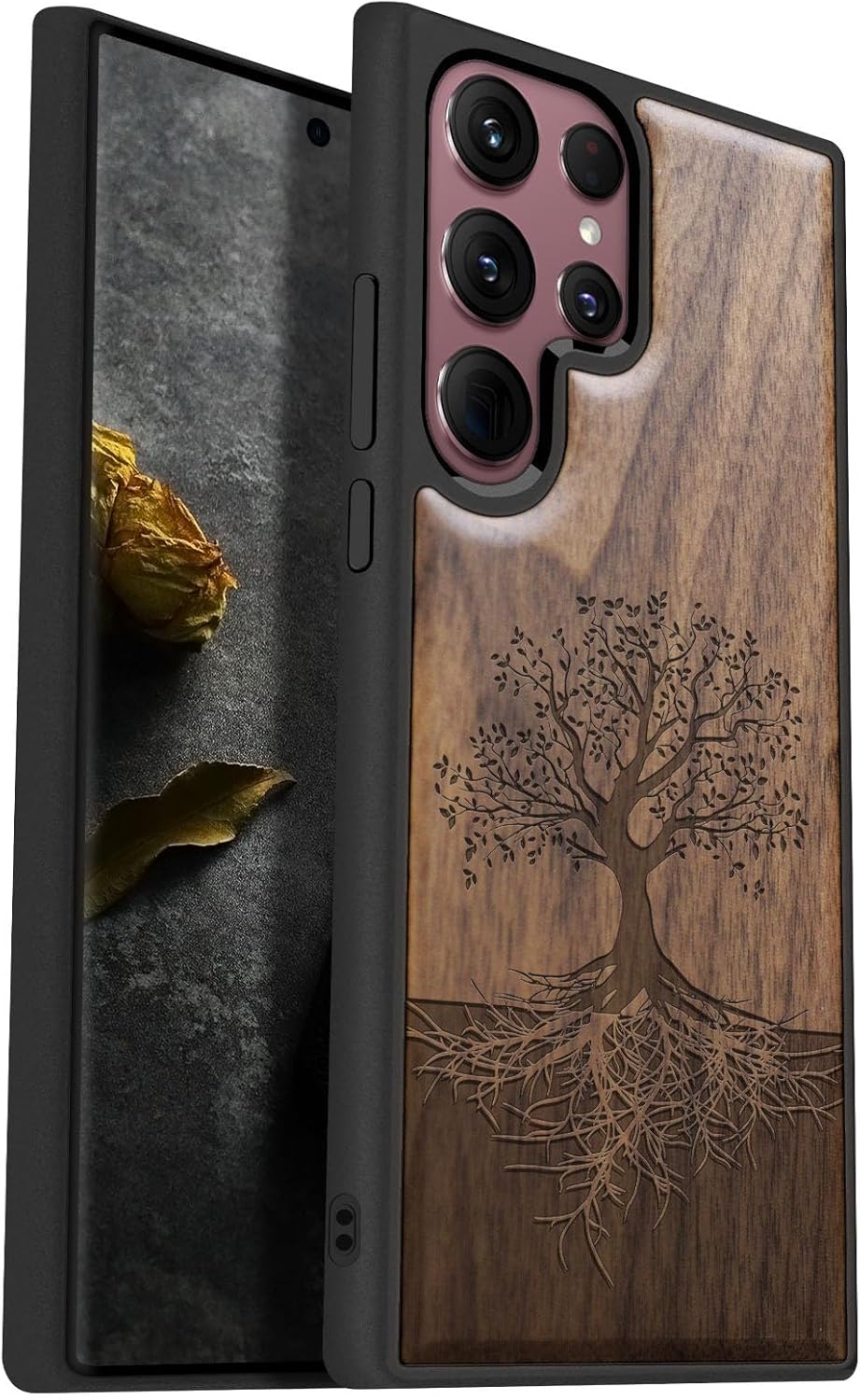 Carveit Funda de madera para Galaxy S22 Ultra 2022 madera natural y TPU suave negro a prueba de golpes, funda de madera única y elegante compatible