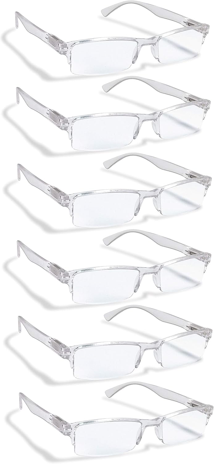 Boost Eyewear Paquete de 6 lentes de lectura, marcos transparentes de medio borde, para hombres y mujeres, con bisagras cómodas con resorte,