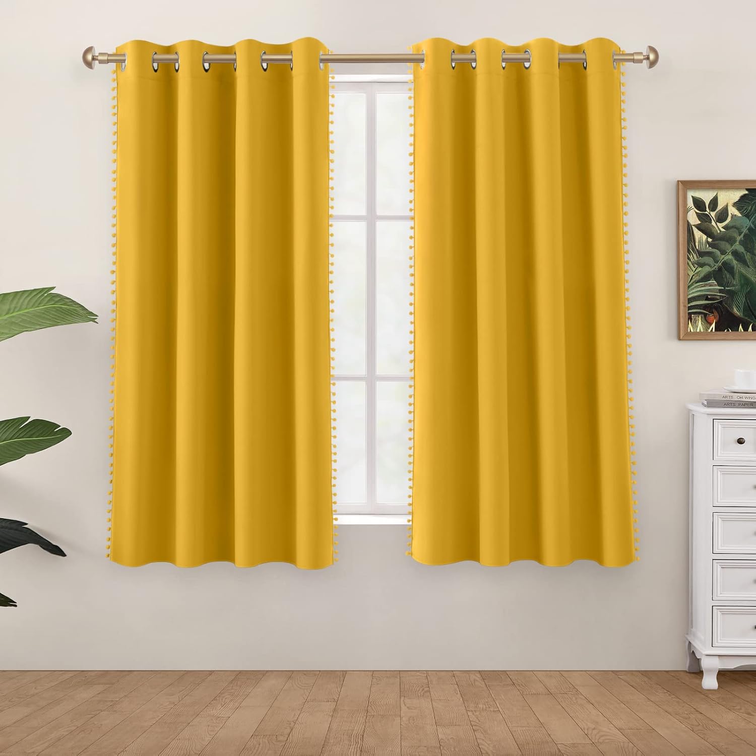 HOMEIDEAS Cortinas opacas con pompones, color amarillo mostaza, de 52 x 63 pulgadas, bonitas cortinas para niños, cuarto de bebé, con ojales, para