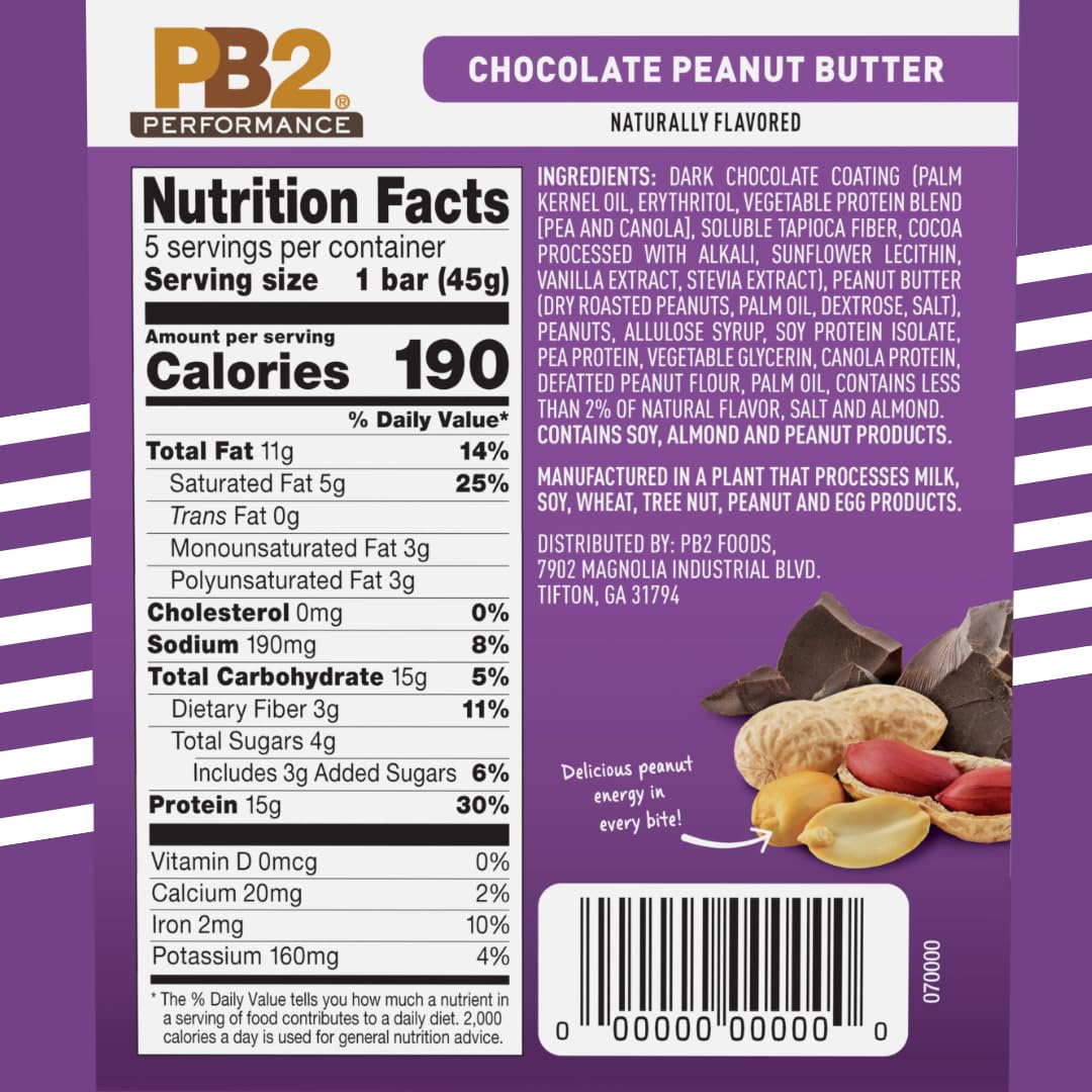 PB2 Performance Barras de proteína de mantequilla de maní y chocolate, 0.51 onzas de proteína a base de plantas (caja de 30 barras)