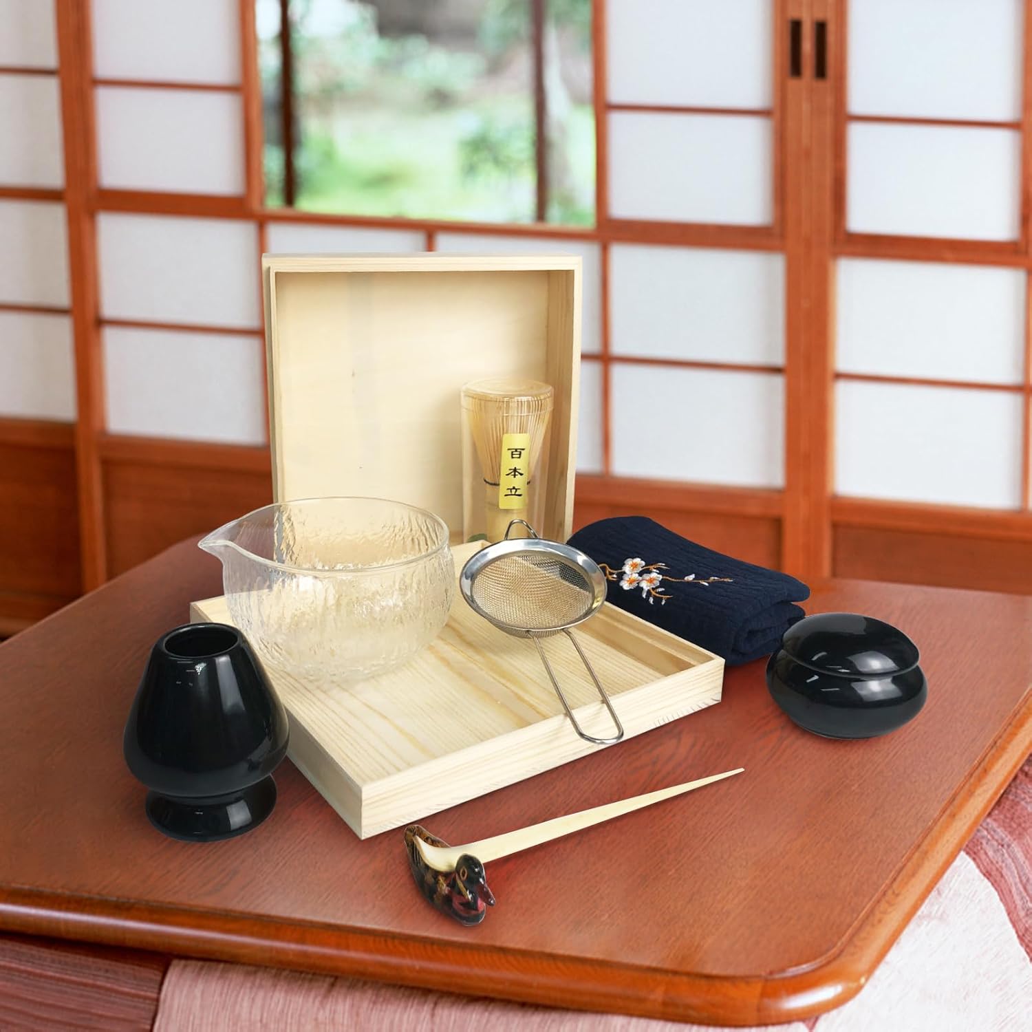 Artcome Juego de té matcha japonés, cuenco de vidrio con boquilla para verter, batidor de bambú, soporte para batidor de cerámica, estuche de