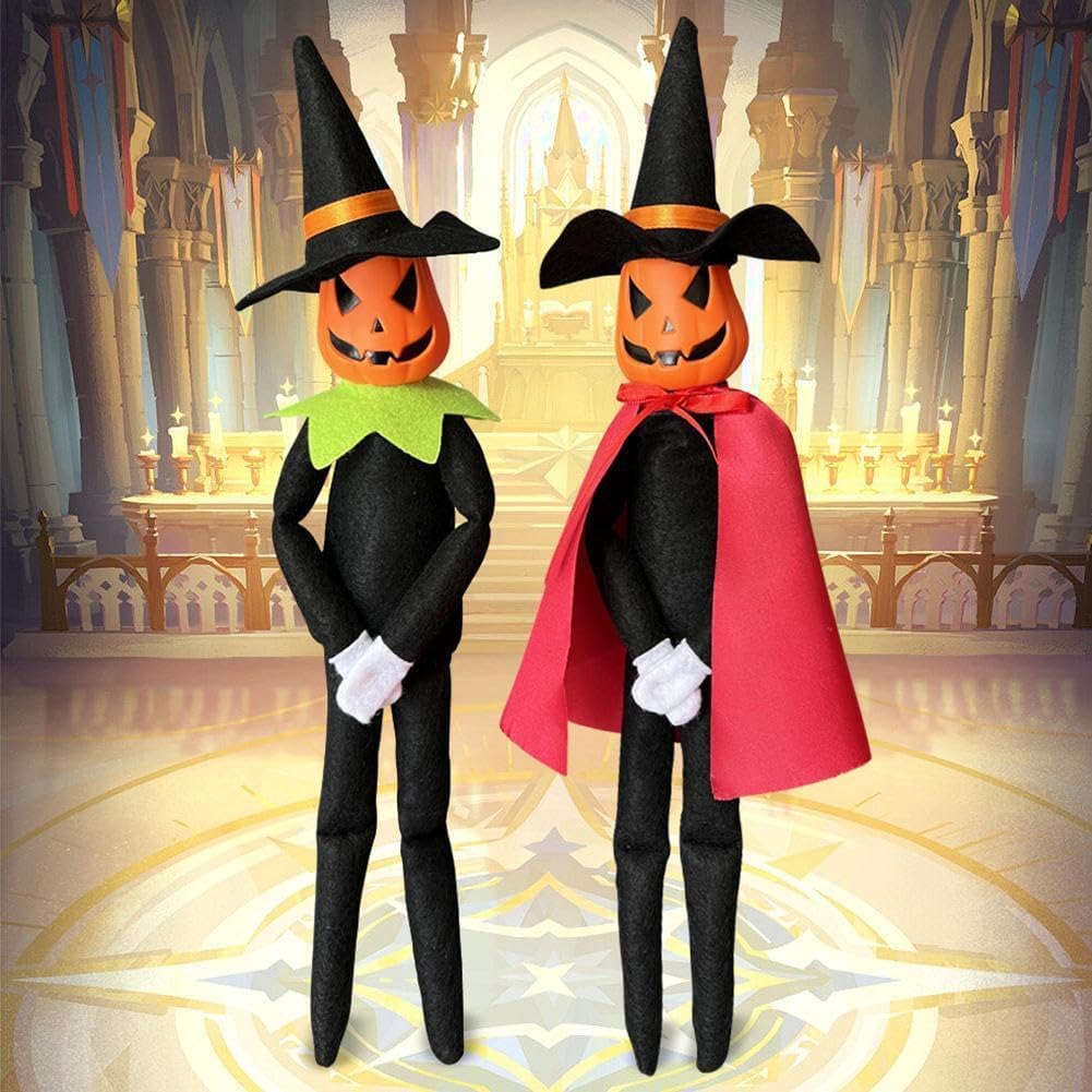 Muñeco de peluche de calabaza de Halloween de 14 pulgadas, hecho a mano con sombrero negro, guantes blancos, vestidos y capa para Halloween y