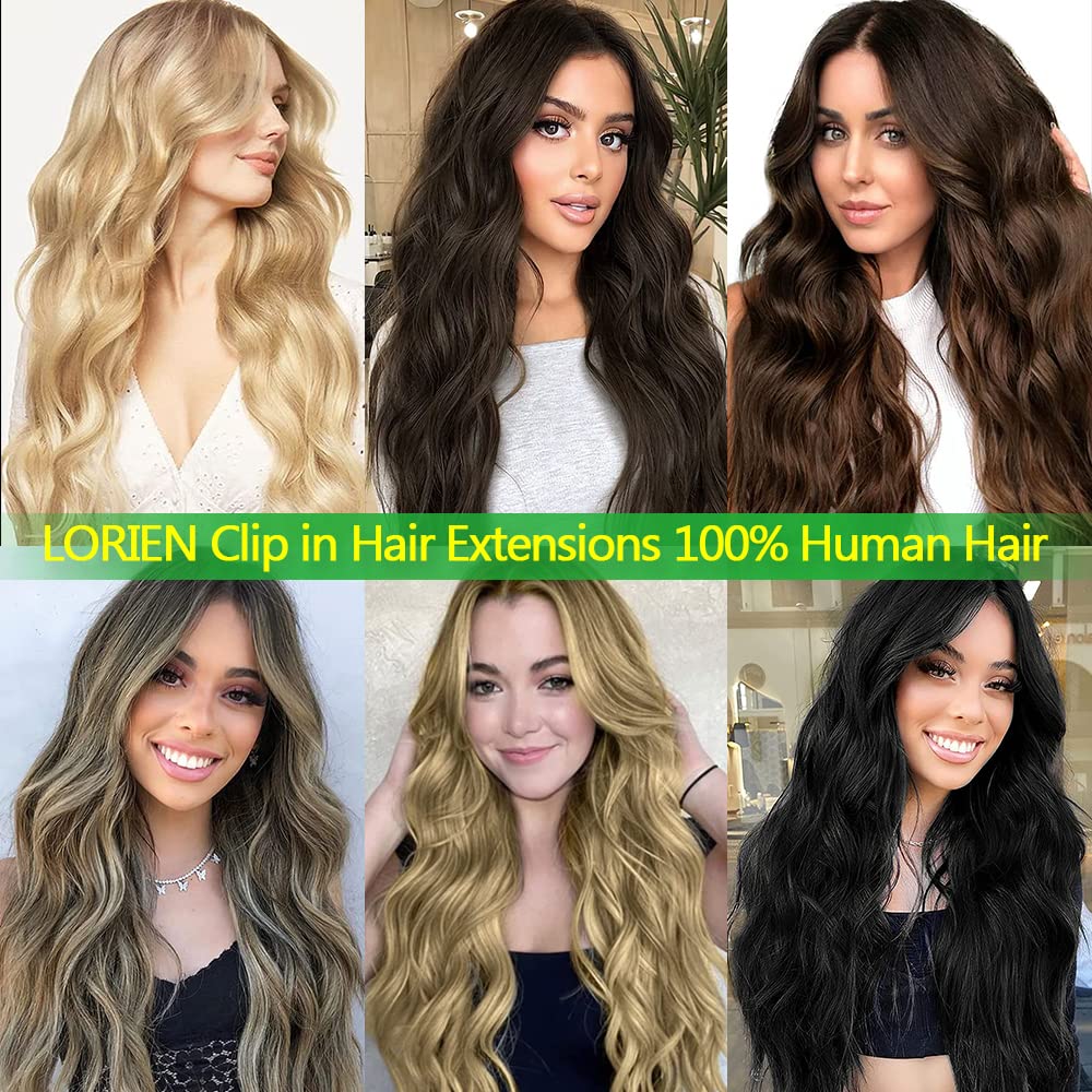 LORIEN Extensiones de cabello humano real con broches, 3.53 onzas, extensiones de cabello humano 100% lacio, 8 piezas por juego con 18 clips, doble