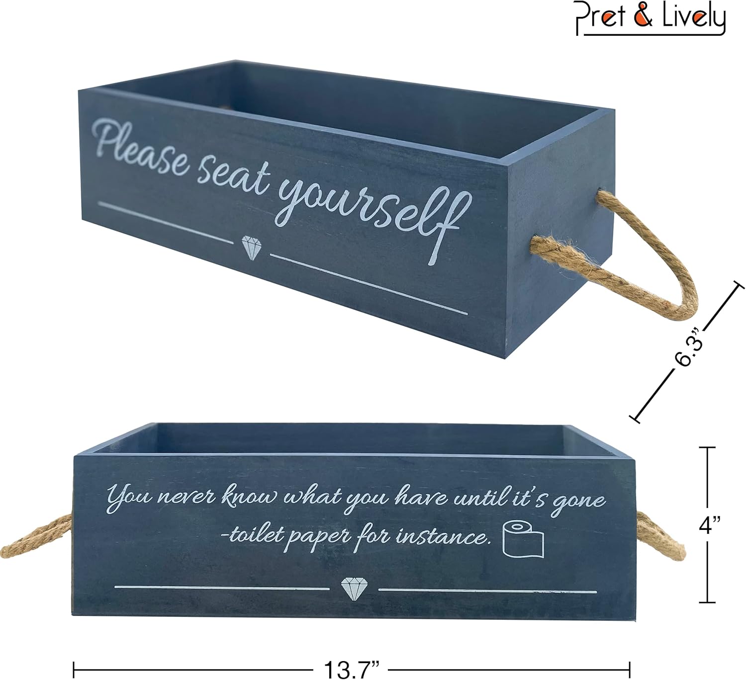 Pret & Lively Caja de casa de campo, con texto en inglés “Please Seat Yourself, baño, cesta de almacenamiento, soporte para papel higiénico, regalo