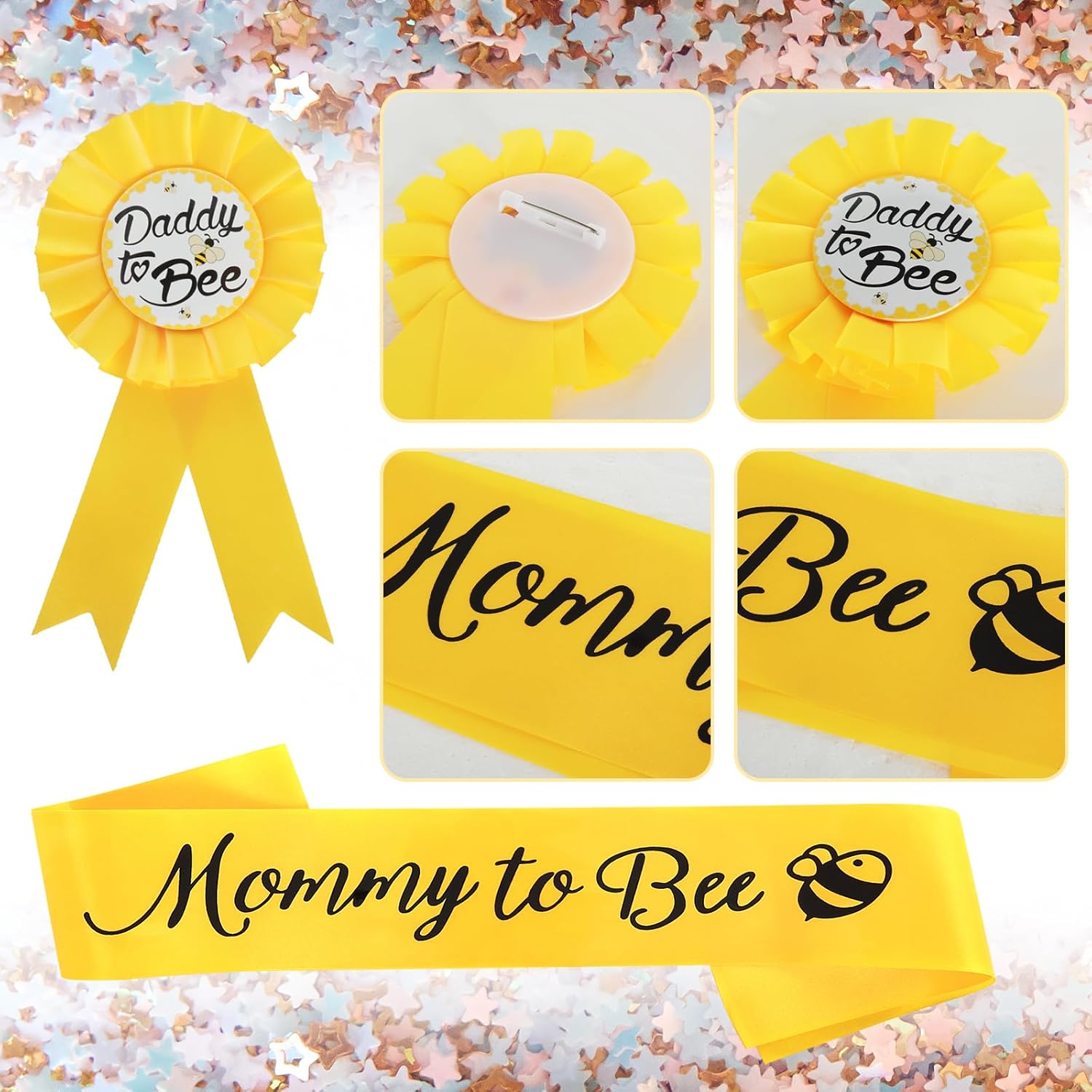 Decoraciones de baby shower, 2 paquetes de banda amarilla de mamá a abeja y insignia de papá a abeja, decoraciones de revelación de género de abeja,