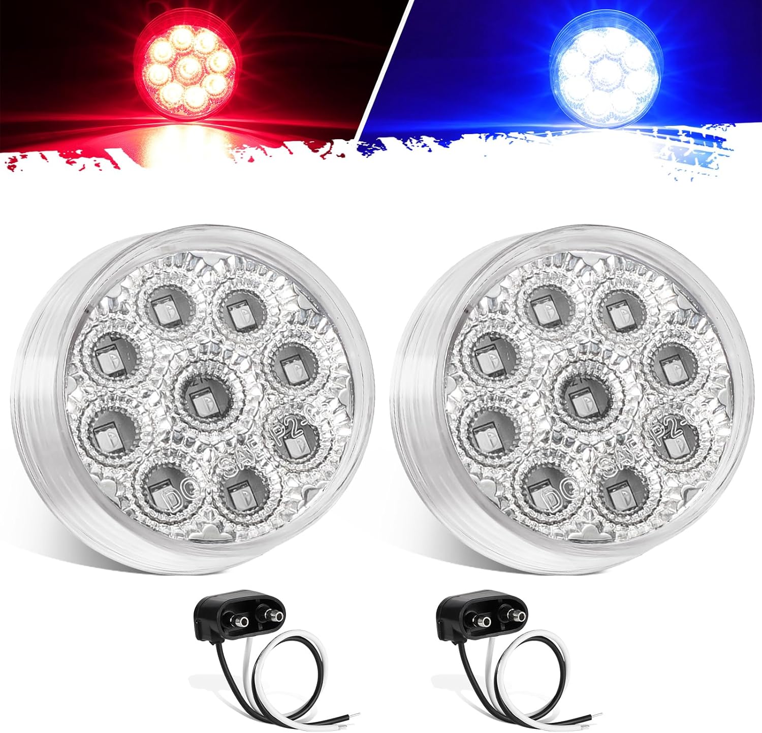 Partsam 2 luces de doble revolución de 2 pulgadas, 9 LED de marcador rojo a luces auxiliares azules, luces de liquidación con coletas de alambre