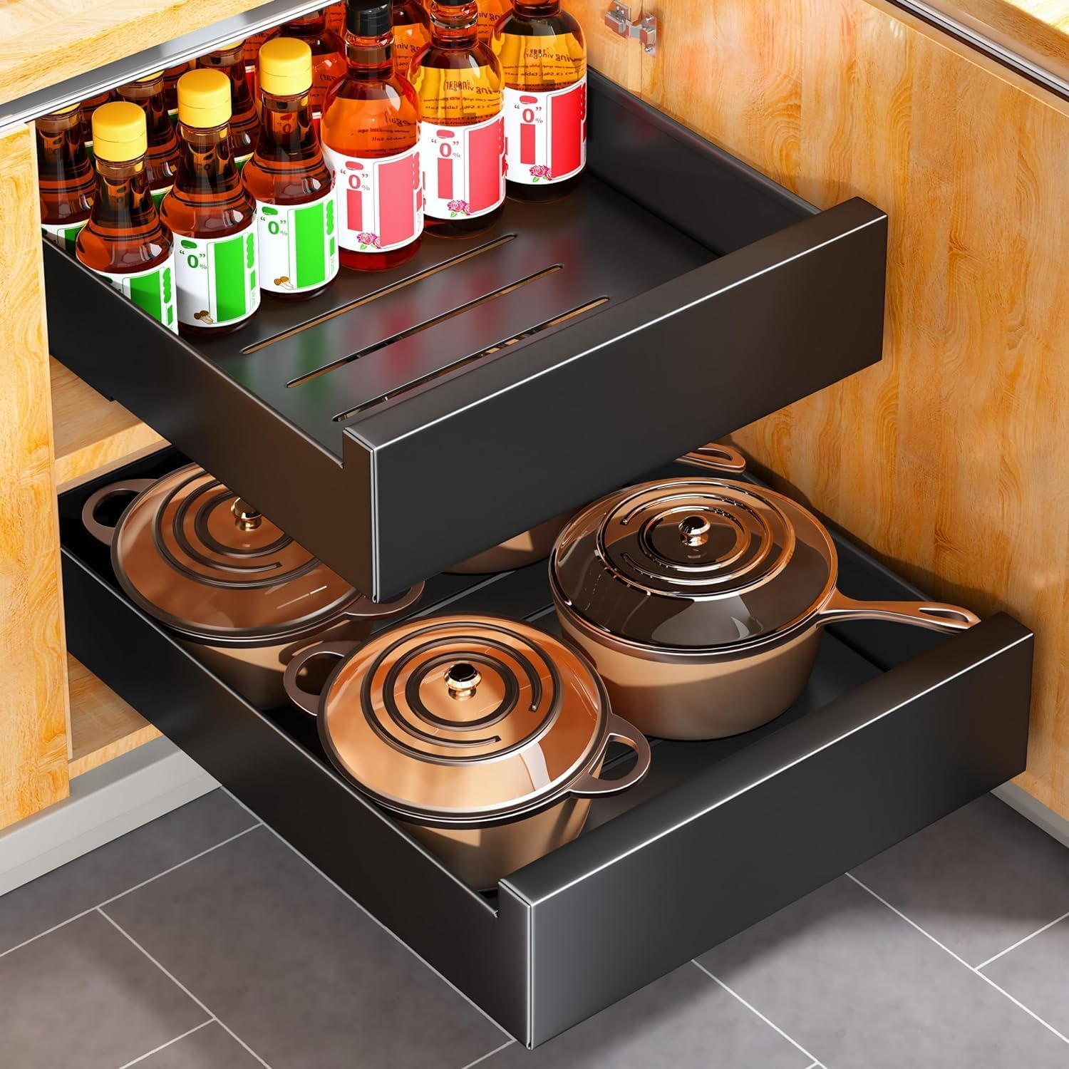 Organizador de gabinete extraíble, 21 pulgadas de profundidad, cajones deslizantes para armarios de cocina, organizadores extraíbles para el hogar