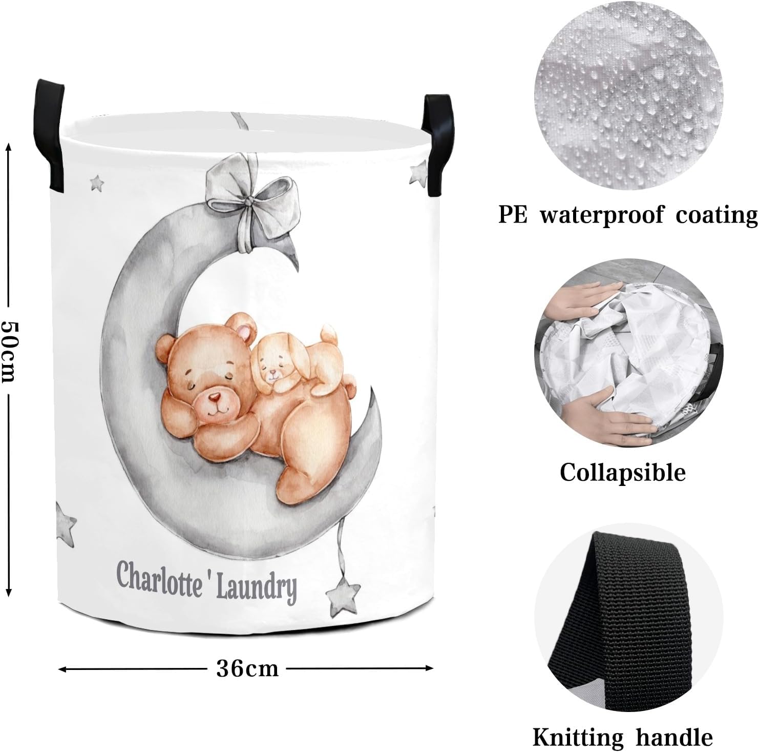 Sleepy – Cesta de ropa con asas personalizada, con diseño de oso de peluche y luna, impermeable, plegable, personalizable, para dormitorio, baño,