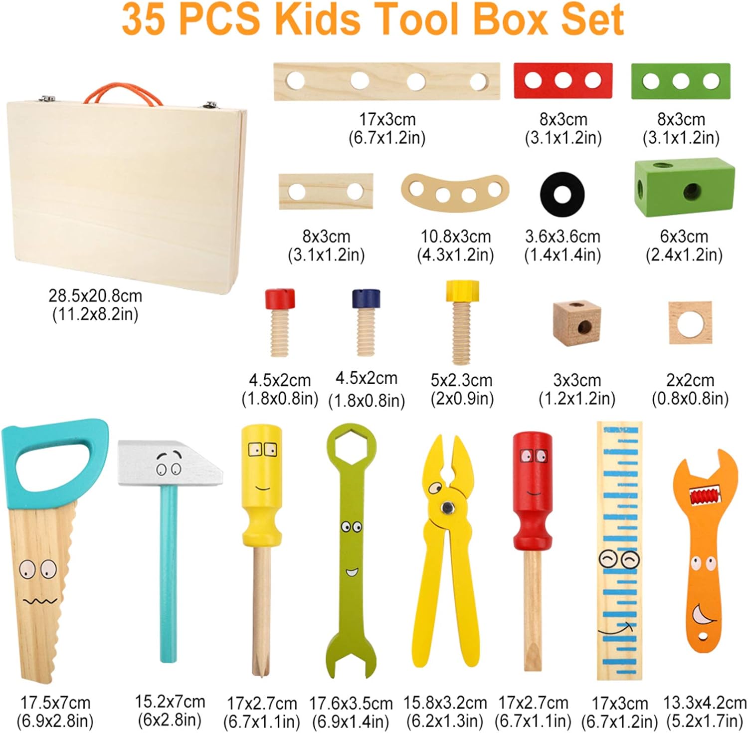 Aomola Kit de herramientas para niños, juego de herramientas de madera con herramientas coloridas, juguetes de simulación, regalos para niños