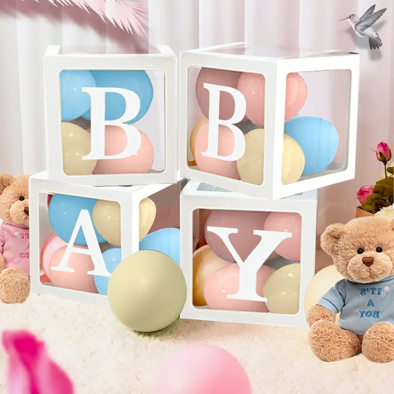 Decoraciones de revelación de género para baby shower, kit de arco de 176 globos rosas y azules, caja de bebé con letras para decoración de