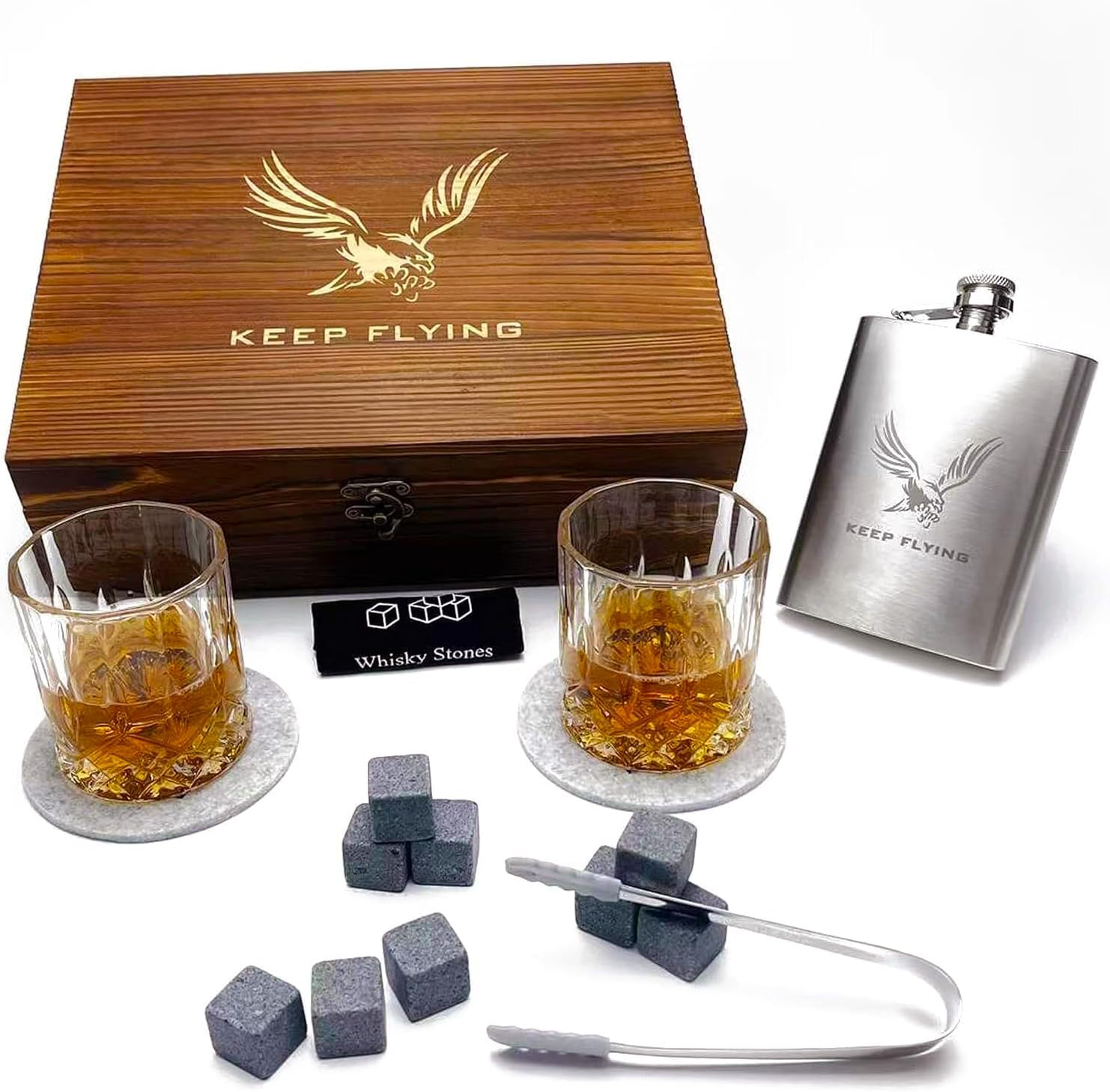 JROUTH Juego de 2 vasos de whisky y frasco, piedras de borbón, regalo para hombres, incluye vasos de cristal de whisky, rocas de granito, posavasos