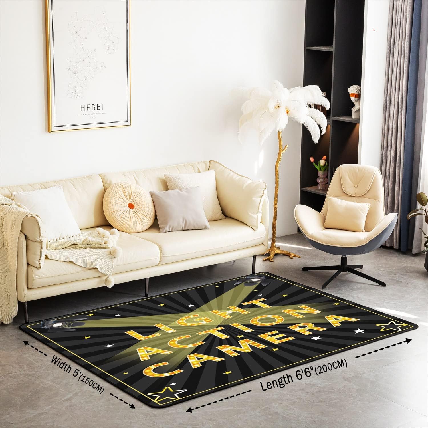 Alfombra vintage de cine, para sala de cine, para interiores, sala de estar, alfombra de área negra dorada, 5 x 7 pies