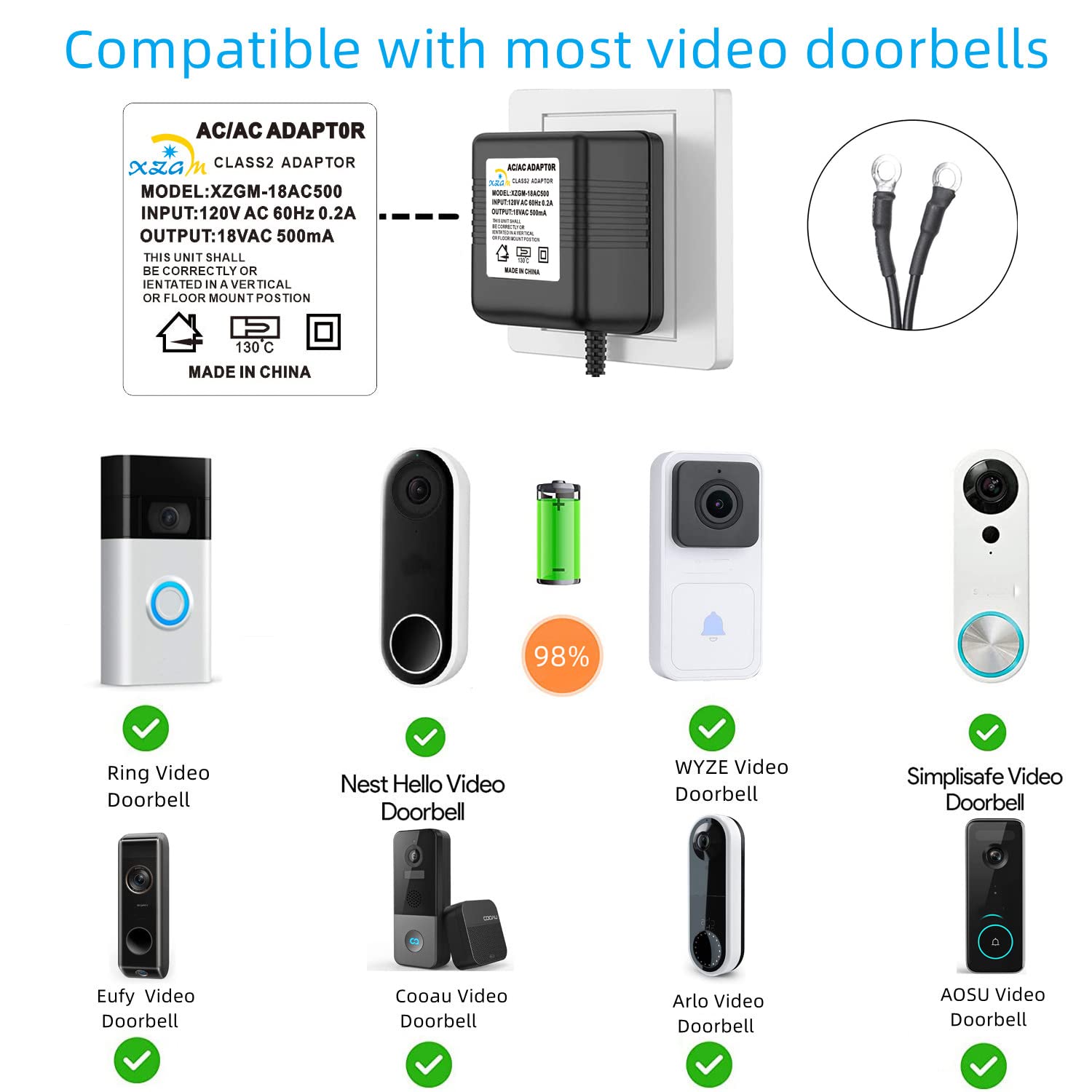 Timbre de video negro, transformador de potencia especial, adaptador de corriente para timbre de puerta de 18V500MA, compatible con Ring, Nest,