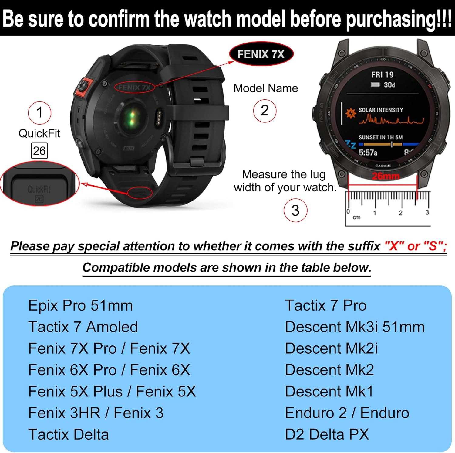Correa de reloj inteligente de 1.024 in para GARMIN Fenix 7X Pro, Fenix 6X Fenix 5X 5X Plus, pulsera de silicona Fenix 6X Pro Descent Mk2i MK3i