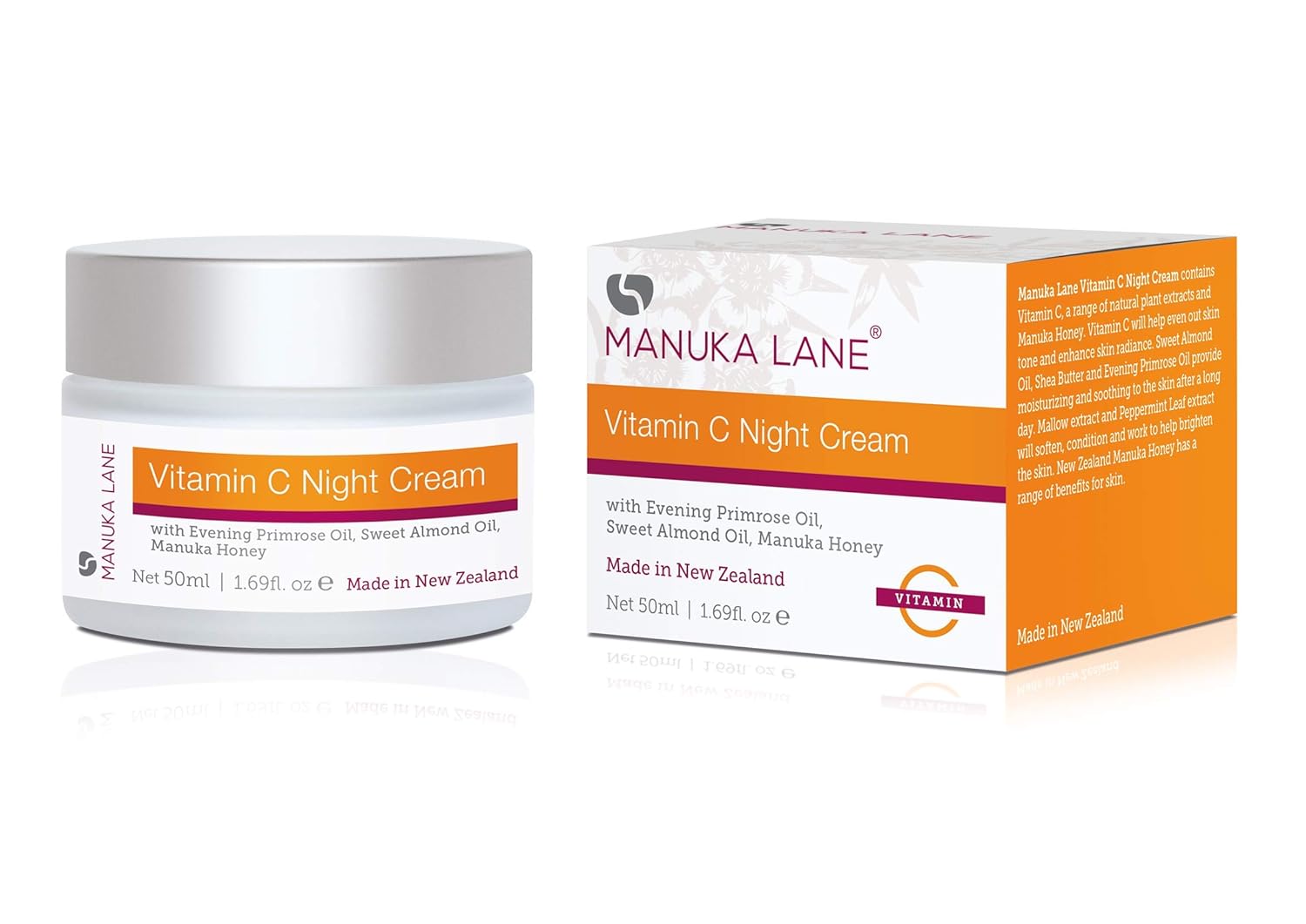 Crema de noche con vitamina C para cara y cuello con aceite de onagra, miel de manuka y aceite de almendras dulces  Fórmula a base de plantas