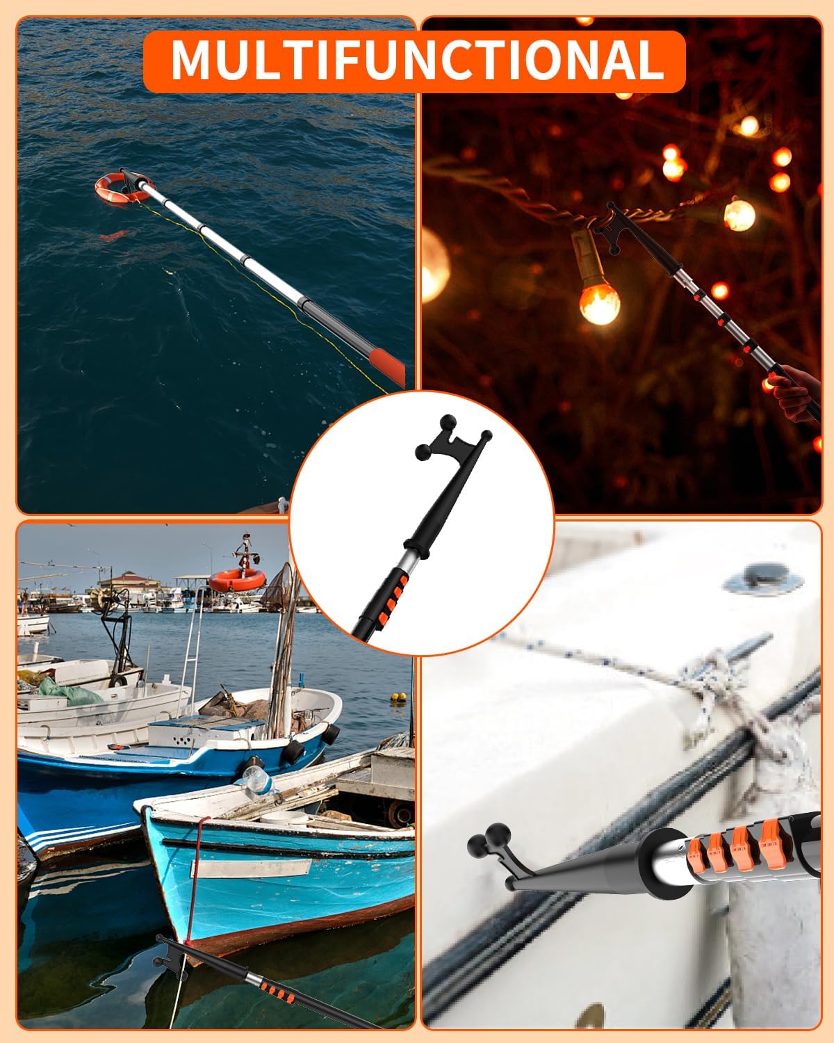 Buyplus Poste de gancho telescópico para barco, gancho para embarcación con poste de extensión telescópico de aluminio de 12 pies, mango
