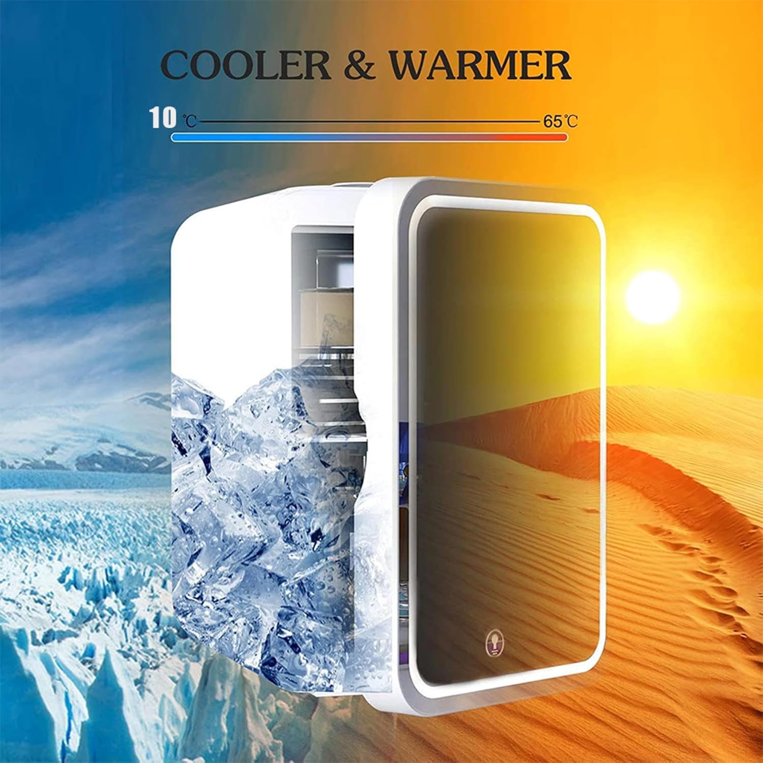 ROLTIN Mini refrigerador con luces LED, con espejo LED, mini refrigerador de maquillaje de capacidad de 8 litros, caliente y frío, refrigerador de