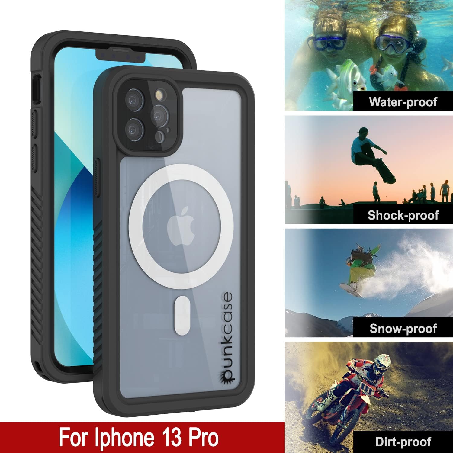 Punkcase Funda impermeable para iPhone 13 Pro (serie Extreme Mag) ajuste delgado certificado IP68 a prueba de golpes a prueba de nieve con protector