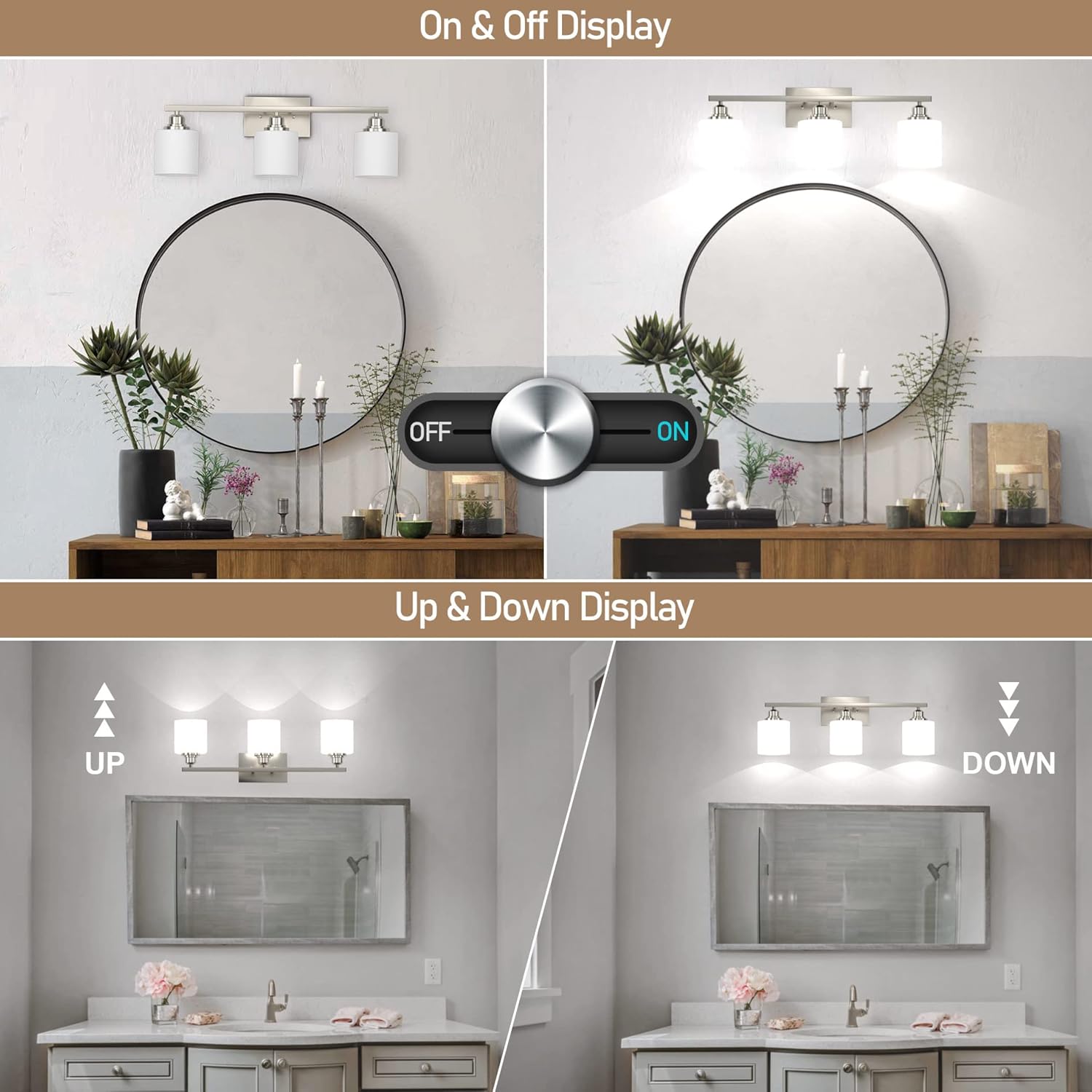 Sailstar Lámparas de baño, luces de tocador de níquel cepillado, 3 luces, modernas luces de baño sobre espejo, pantalla de vidrio y acabado de