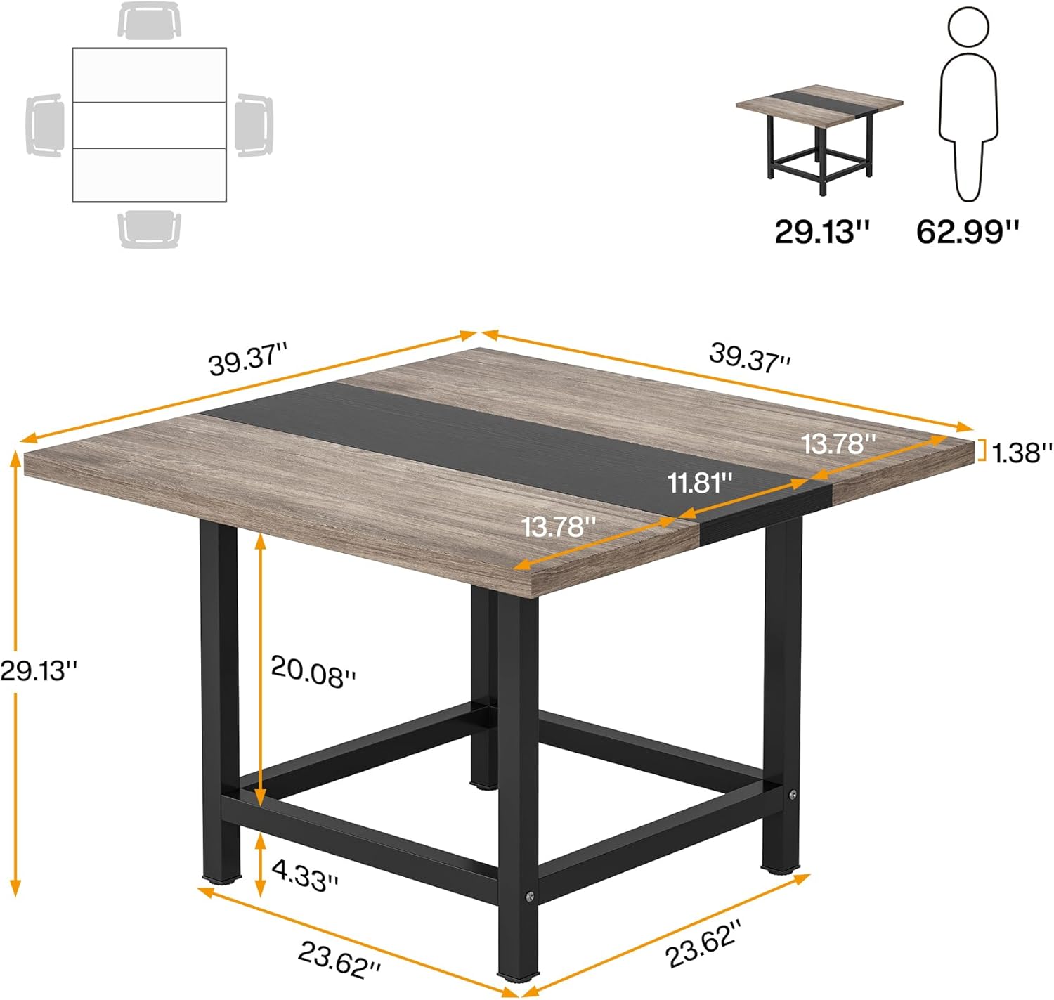 Tribesigns Mesa de comedor cuadrada para 4 personas, casa de campo de 39.4 x 39.4 x 29.5 pulgadas, mesa de cocina de madera, mesa de comedor