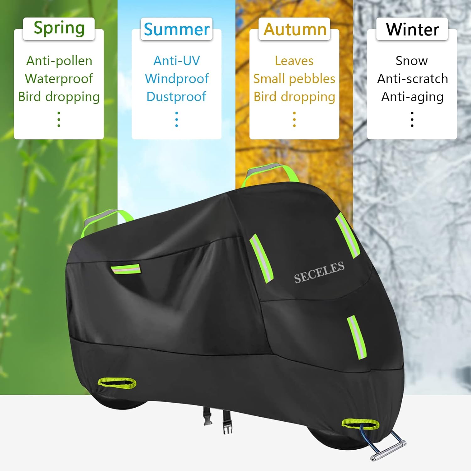 Funda para motocicleta 300D, resistente, duradera, impermeable, para exteriores, protección para todas las estaciones, con 7 tiras reflectantes y 2
