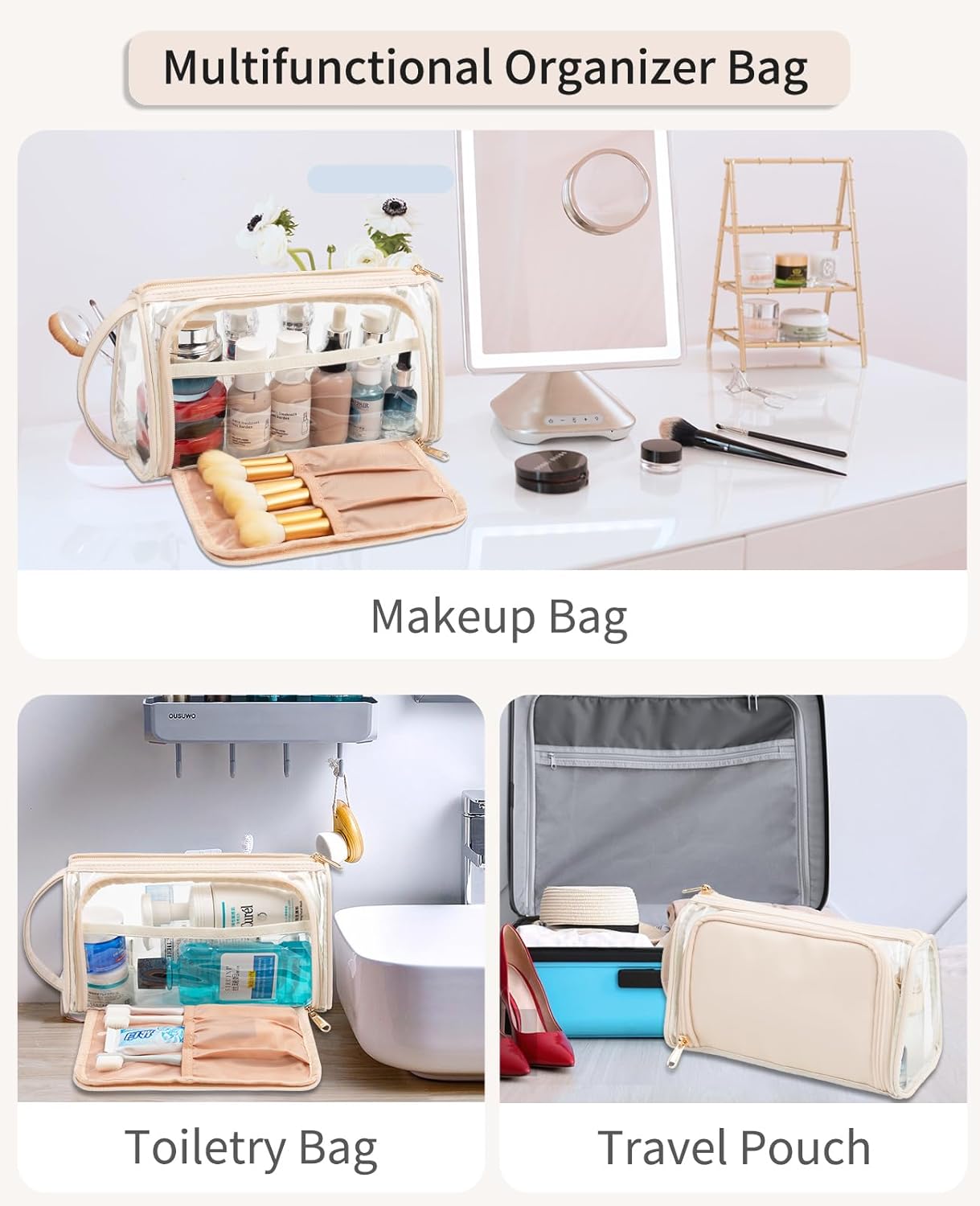 CUBETASTIC Bolsa de maquillaje transparente, estuche de cosméticos transparente, bolsa de maquillaje de viaje con cremallera, bolsa de aseo pequeña