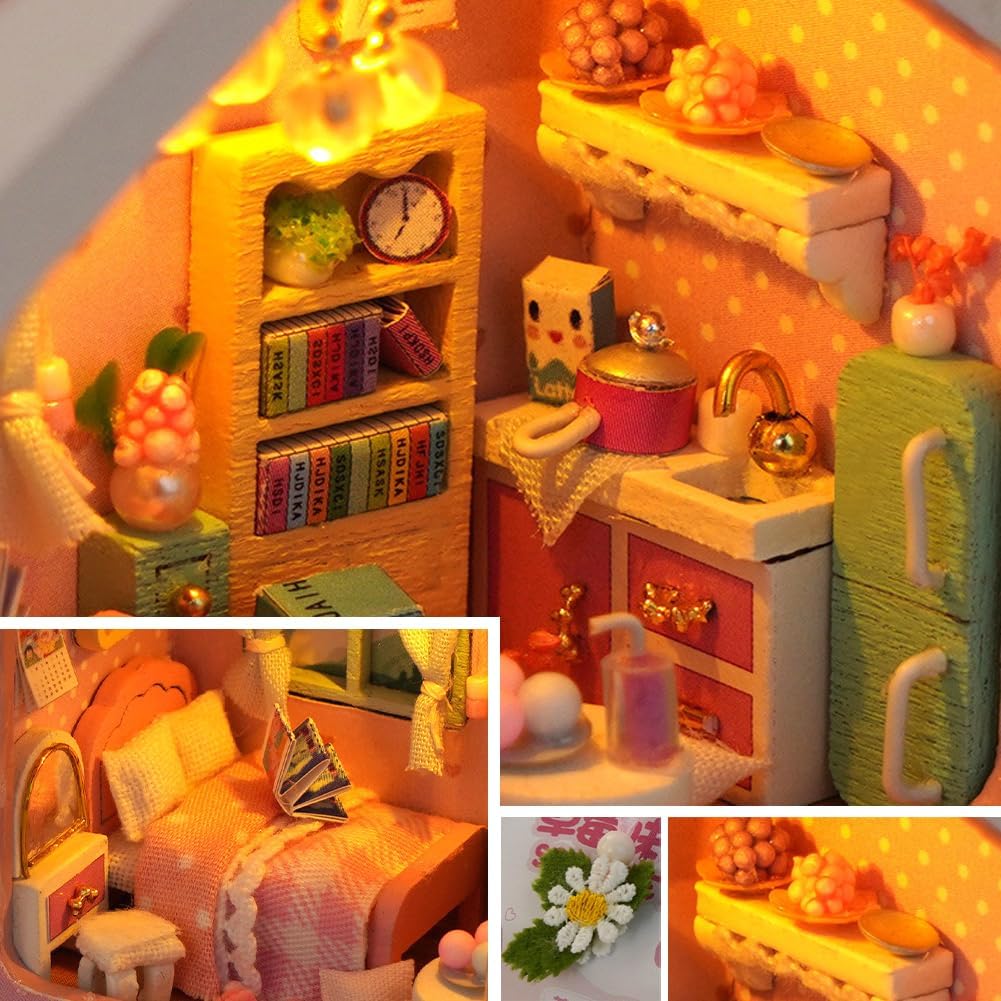 Kit de casa de muñecas en miniatura, casa de muñecas de madera para casa de muñecas con forma de cartón de leche, kits de muebles con luces LED para