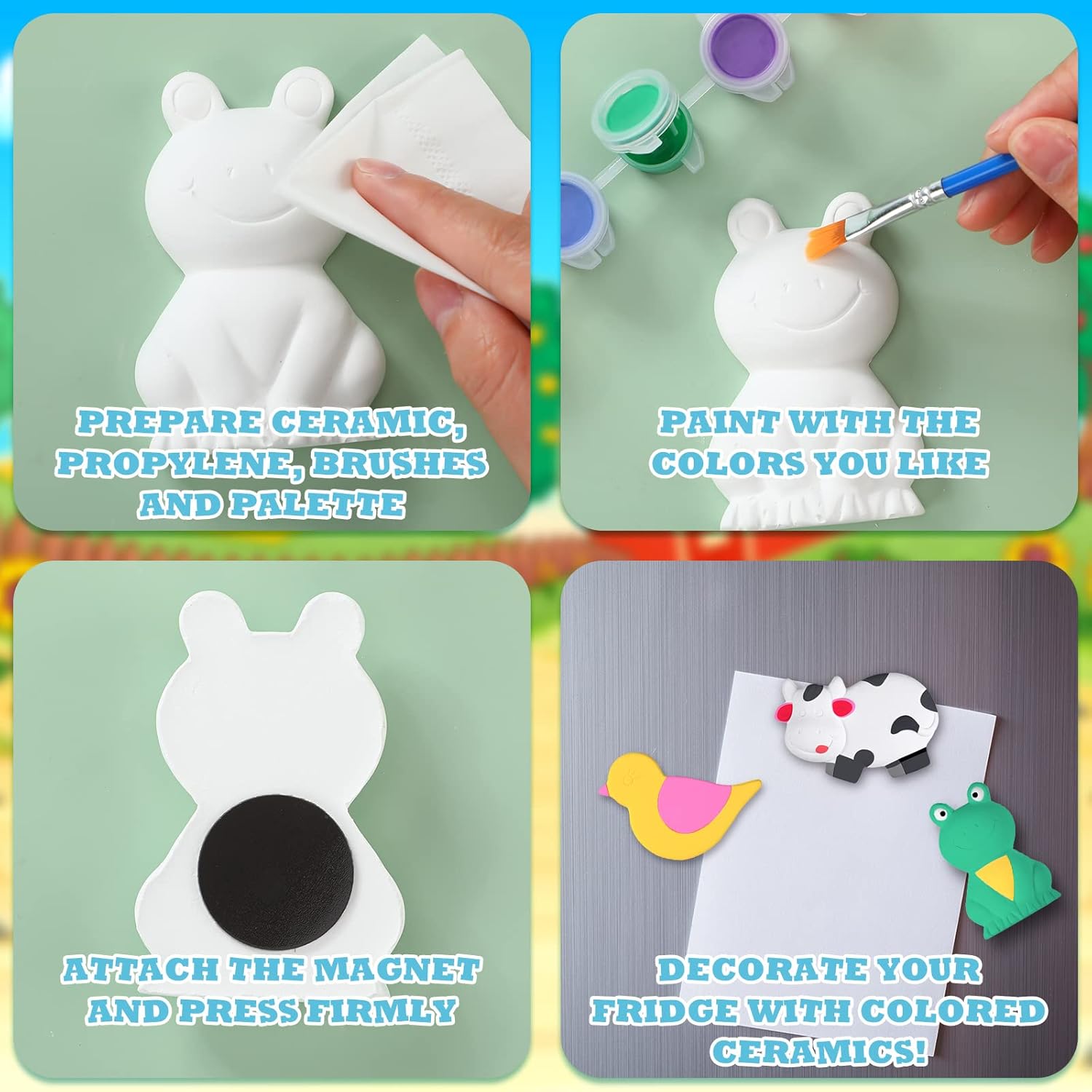 Juego de 12 juegos de arte y manualidades para niños, sin pintar, figuras de cerámica para pintar tus propias figuras con 12 imanes, 2 pinceles y 1