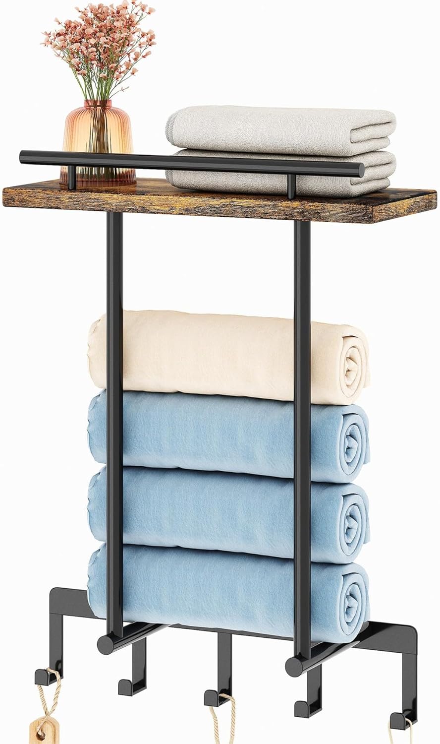 Godboat Toalleros para baño, toallero con estante de madera, 5 ganchos organizadores de baño y almacenamiento cerca del calentador de toallas,