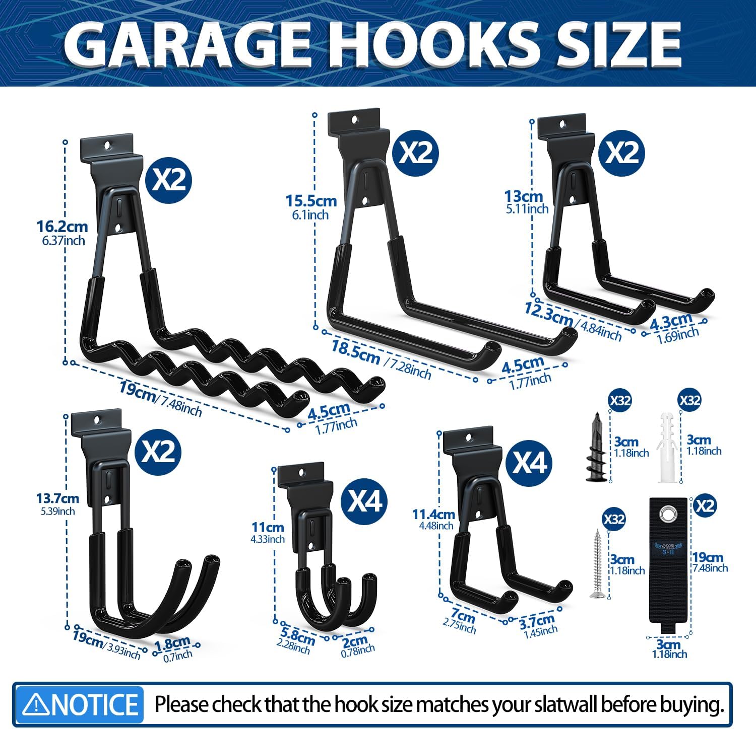 3-H Accesorios Slatwall, ganchos y perchas Slatwall de varios tamaños, ganchos colgantes de pared de listones resistentes para garaje, accesorios